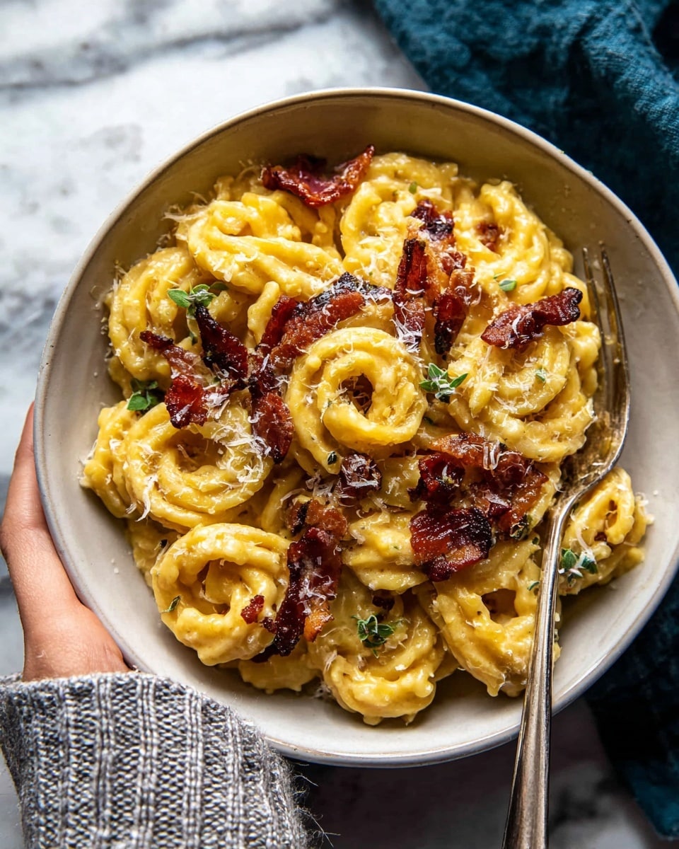 A white plate holds a mound of creamy yellow pasta noodles coated in thick sauce with visible bits of green herbs scattered on top. Crispy dark red bacon pieces are placed on and around the pasta, adding texture and color contrast. The pasta sits layered in a circular pattern, with grated white cheese sprinkled lightly on top. A silver fork rests on the plate, partially inside the pasta. A woman's hand wearing a gray woolen sleeve holds the edge of the plate, all set against a white marbled surface. Photo taken with an iphone --ar 4:5 --v 7