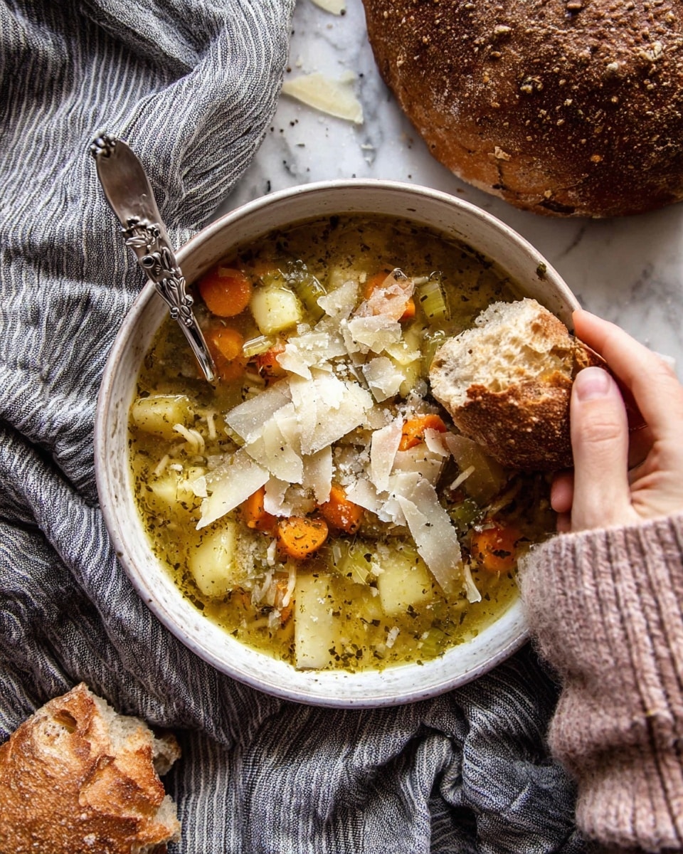 A white bowl filled with clear broth soup shows layers of soft yellow pasta pieces, bright orange carrot slices, and light green celery chunks floating with small bits of herbs. On top are thin white cheese shavings scattered across the surface. A silver spoon with an engraved handle rests inside the bowl on the right side. A woman's hand is dipping a piece of crusty brown bread into the soup on the right side of the bowl, and another woman's hand holds a piece of torn bread on the left side. The bowl sits on a gray and black striped cloth with a rustic crusty round bread placed to the left on a white marbled surface. photo taken with an iphone --ar 4:5 --v 7