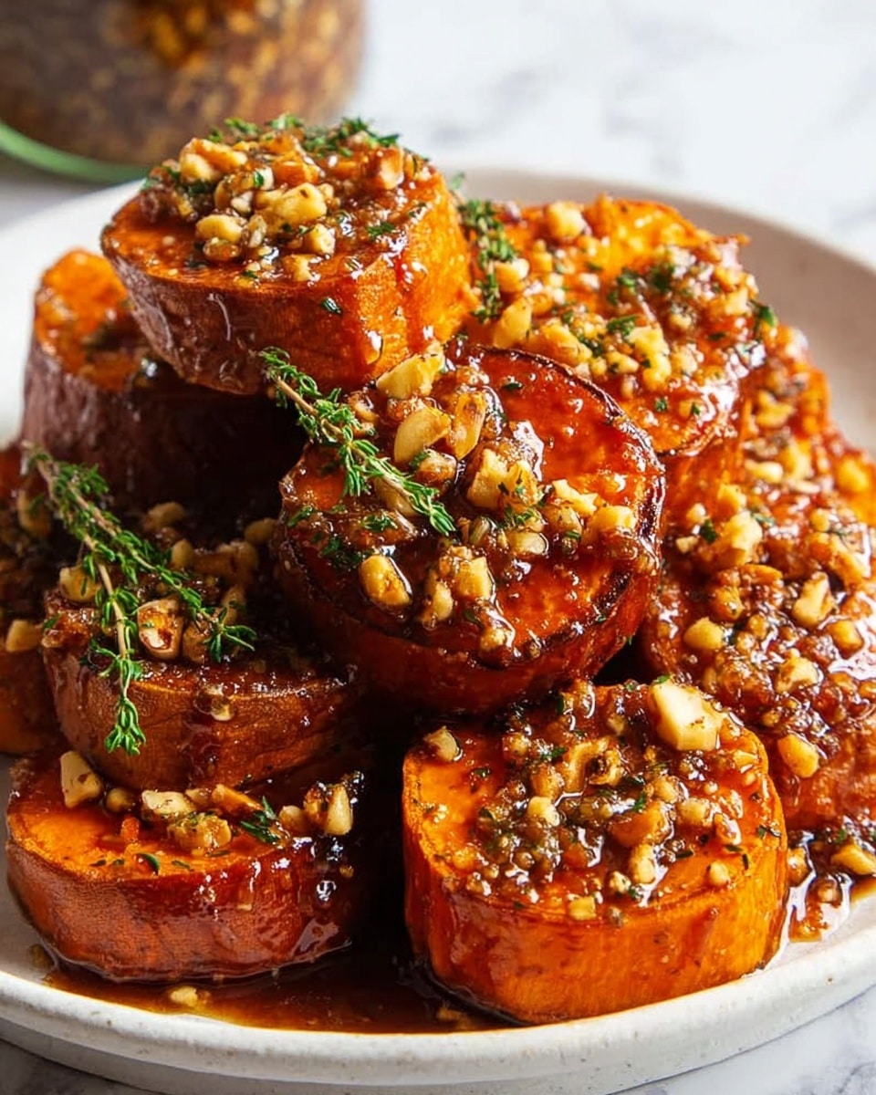 A close-up shot shows a stack of thick, round slices of roasted sweet potatoes with a rich, glossy brown glaze. The sweet potato slices are dark orange inside with a slightly crispy, caramelized outer layer. They are topped with small pieces of chopped nuts and delicate green herb sprigs, all covered with a shiny syrup. The dish is served in a plain white bowl, placed on a white marbled surface. Photo taken with an iphone --ar 4:5 --v 7