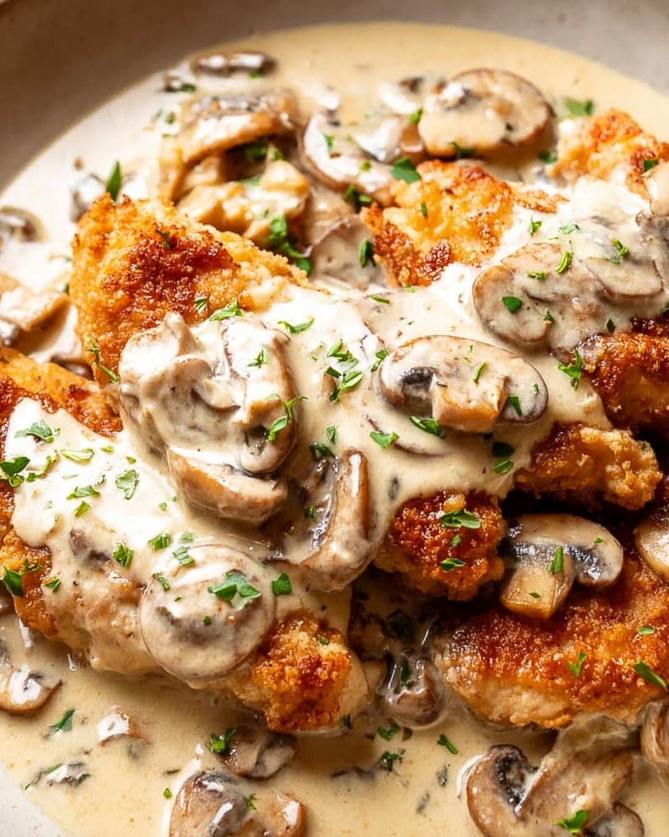 This close-up image shows several pieces of golden brown cooked chicken breast layered with creamy light beige mushroom sauce, topped with thinly sliced, light brown mushrooms with darker brown edges and small green herb bits scattered around. The texture of the chicken is slightly crispy and uneven, contrasting with the smooth sauce that partly covers each piece, pooling slightly at the bottom. The background is a soft, blurred white marbled texture. photo taken with an iphone --ar 4:5 --v 7