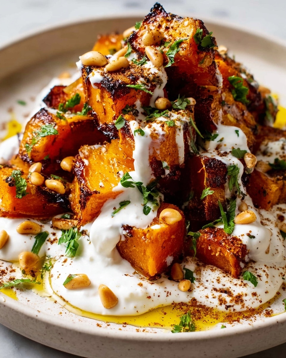 The image shows a dish with roasted orange cubes of pumpkin or squash as the bottom layer, covered with a creamy white yogurt sauce drizzled unevenly all over. Small brown toasted pine nuts are scattered generously on top, along with some green chopped herbs adding a fresh touch. The dish is served in a shallow white bowl, with light golden oil drops glistening over the yogurt. The roasted cubes have a slightly charred texture, giving a rich, warm contrast against the smooth creamy sauce and the crunchy nuts. The background is a white marbled surface. photo taken with an iphone --ar 4:5 --v 7