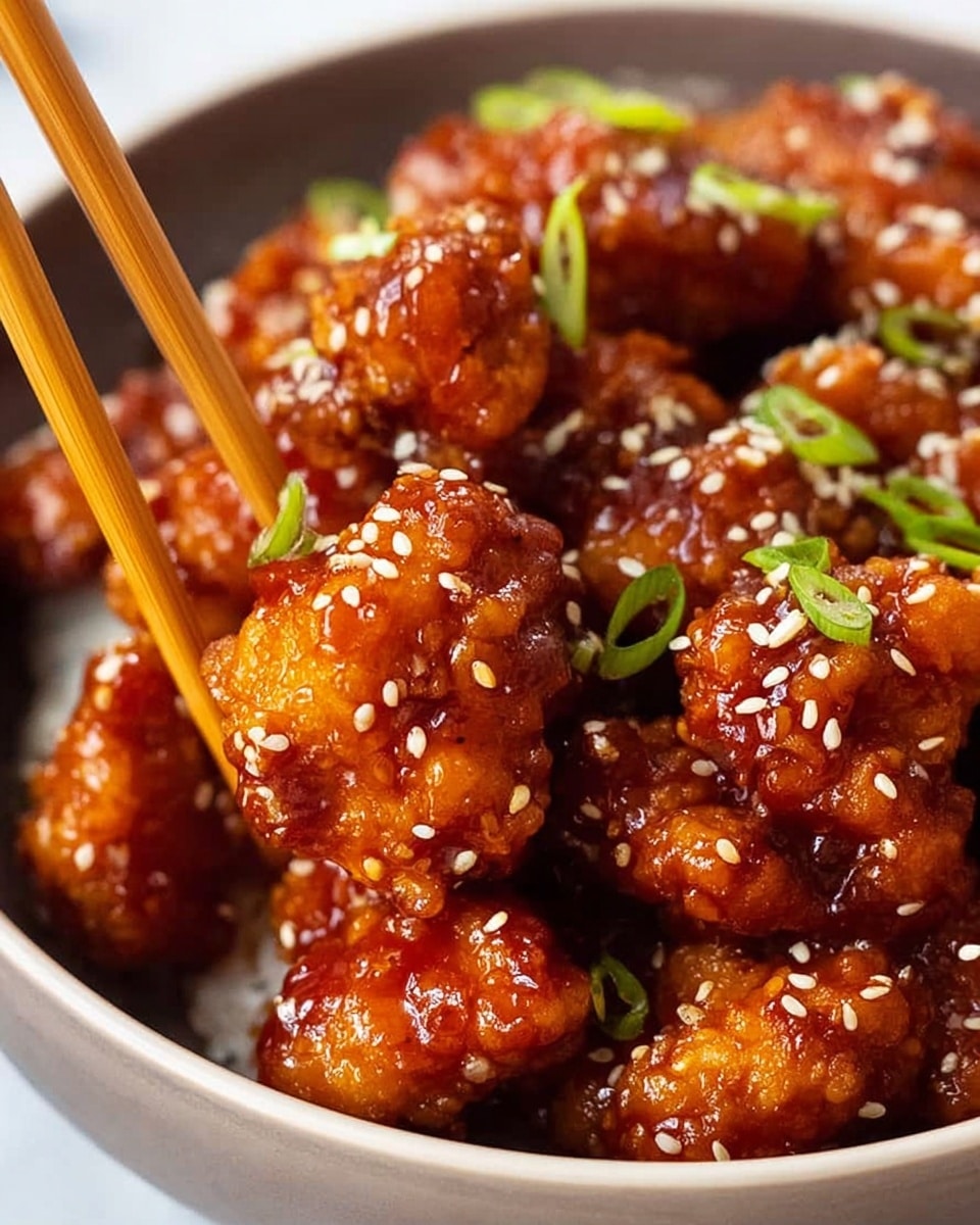 A close-up view of a bowl filled with bite-sized pieces of crispy fried chicken covered in a shiny, sticky golden-brown sauce. The chicken pieces are garnished with small white sesame seeds and thin slices of fresh green onion, scattered evenly on top. Dark brown wooden chopsticks, held by a woman's hand, pick up one piece of chicken from the bowl. The bowl itself is white, and the background features a white marbled texture. photo taken with an iphone --ar 4:5 --v 7
