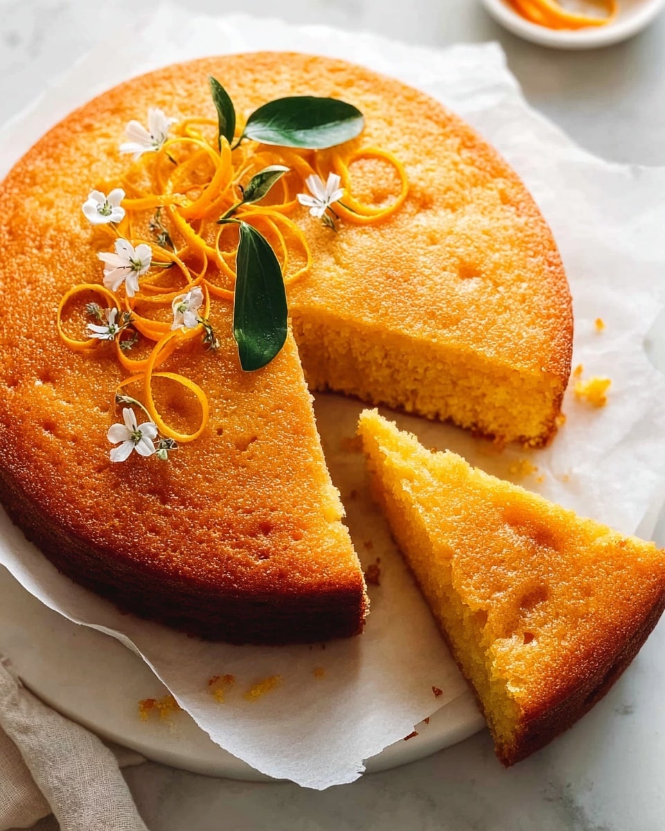 A round orange cake with a golden-brown top is placed on white parchment paper over a white marbled surface. One thick triangular slice is cut out, showing a moist and dense orange interior with a slightly uneven texture. The cake is decorated with thin curly orange peels and fresh green leaves on top, along with small white flowers and a single thin orange slice placed near the center. The bright colors and textures create a fresh, inviting look. photo taken with an iphone --ar 4:5 --v 7