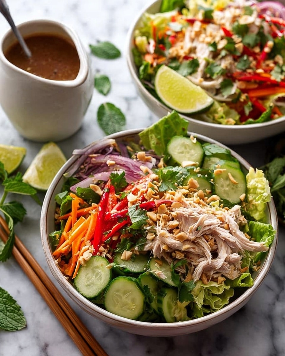 Two bowls of fresh salad sit on a white marbled surface. Each bowl is white inside with dark rims and filled with layered ingredients starting from a base of green leafy lettuce, followed by thin slices of cucumber, shredded carrot, red onion strips, and pieces of shredded chicken spread on top. Crushed peanuts are sprinkled over the chicken along with small bits of red chili. A wedge of lime and fresh green herbs, like cilantro and mint, garnish the bowls. Red chopsticks rest on one bowl, and a white sauce pitcher filled with brown dressing is placed nearby. Photo taken with an iphone --ar 4:5 --v 7