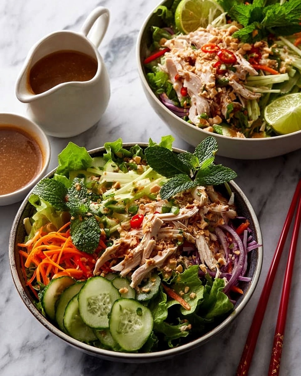 The image shows two white bowls filled with a colorful layered salad. The bottom layer consists of green leafy lettuce, topped with slices of cucumber and red onion layers. Above this, there are shredded pieces of light pink chicken scattered evenly. Thin strips of orange carrot and red chili peppers are added on top, mixed with cilantro leaves for green color and freshness. Crushed peanuts are sprinkled on the highest layer, and a wedge of lime rests on the side inside one of the bowls. In the background, wooden chopsticks lay on top of a bowl and a white sauce pitcher holding brown dressing is placed to the side. The whole setup sits on a white marbled surface with some mint leaves and lime pieces scattered around. Photo taken with an iphone --ar 4:5 --v 7