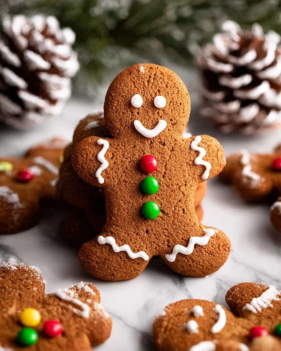 A close-up of a gingerbread cookie shaped like a person standing upright on a white marbled surface. The cookie is light brown with a smooth texture and decorated with two buttons, one green and one red, placed vertically in the center of its body. White icing forms eyes, a smiling mouth, zigzag patterns on the arms, and around the waist like a belt. Surrounding the cookie are other flat gingerbread cookies with similar white icing details, small shiny silver, gold, and pink spherical candies scattered around, and colorful candies in red, green, and brown shades. In the background, there are pine cones and green pine leaves lightly dusted with white to resemble snow. Photo taken with an iphone --ar 4:5 --v 7