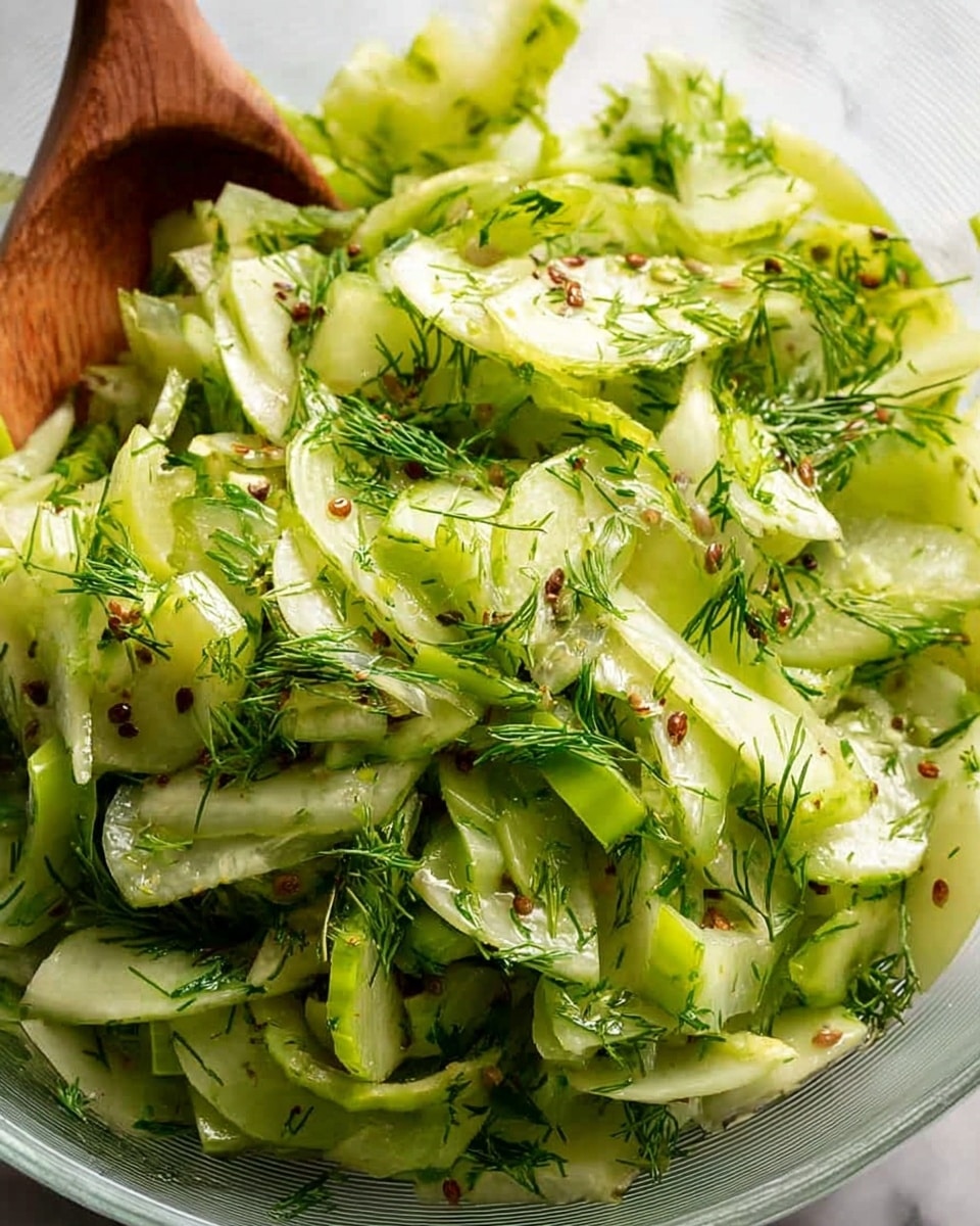 A close-up view of a bowl filled with a fresh celery salad layered with thin, translucent slices of pale green celery and white fennel strands. The salad is sprinkled generously with finely chopped dark green dill and small brown caraway seeds, creating a textured and colorful mix. The bowl is clear, showing the mixture from different angles, placed on a surface with a white marbled texture. photo taken with an iphone --ar 4:5 --v 7