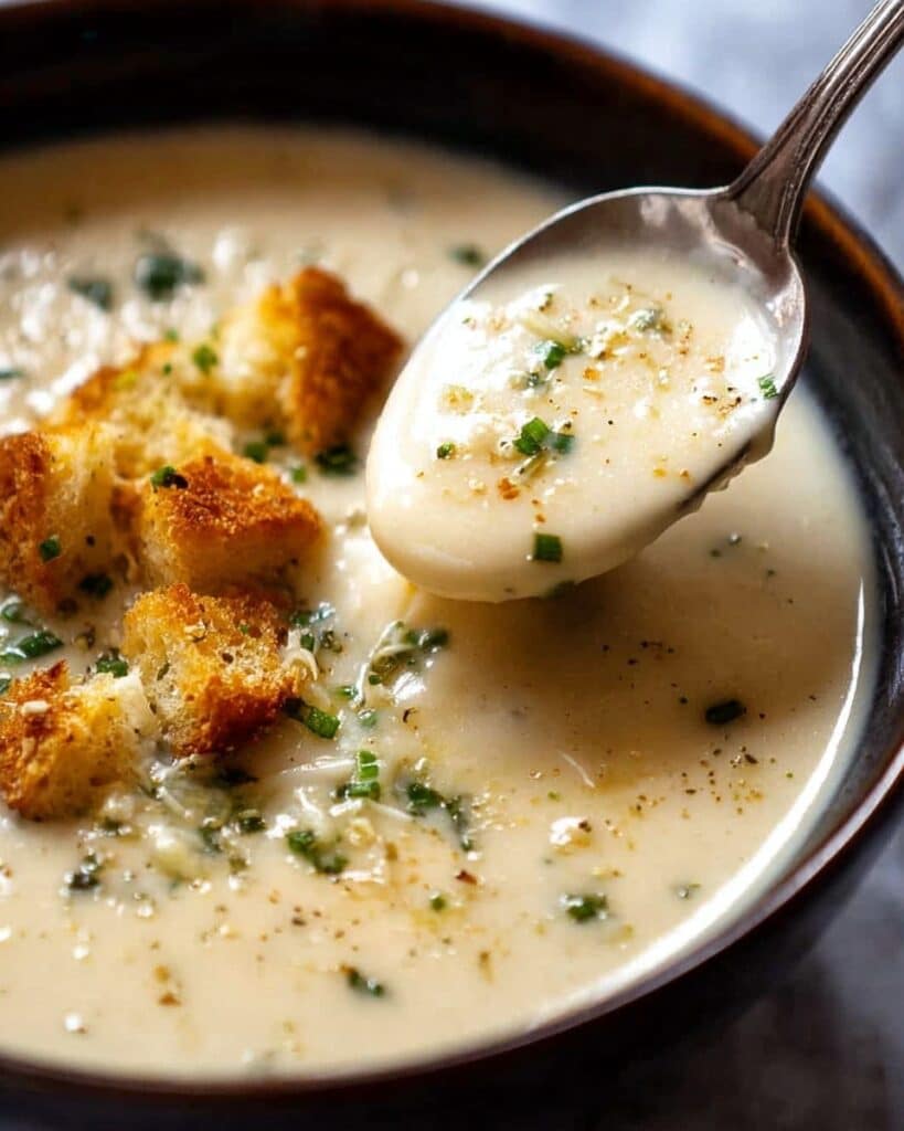 Leek and Potato Soup with Crispy Croutons and Chives Recipe