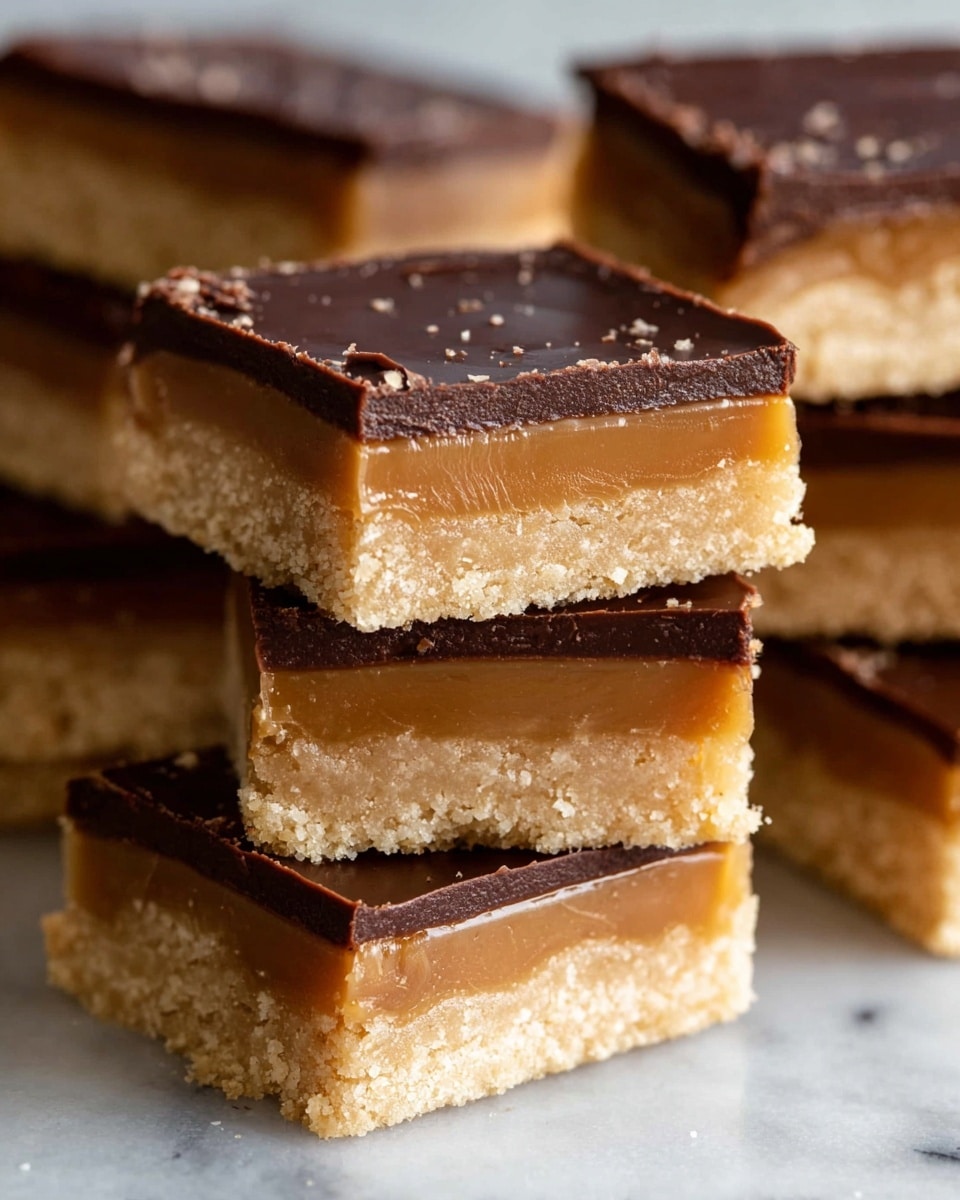 The image shows a close-up stack of rectangular dessert bars with three clear layers. The bottom layer is a light beige crumbly base that looks soft and textured. The middle layer is a thick, smooth caramel layer in a warm golden brown color. The top layer is a dark, glossy chocolate sheet that is thin and slightly cracked in spots. The bars are stacked unevenly on a white marbled surface, showing the thickness and texture of each layer very clearly. photo taken with an iphone --ar 4:5 --v 7