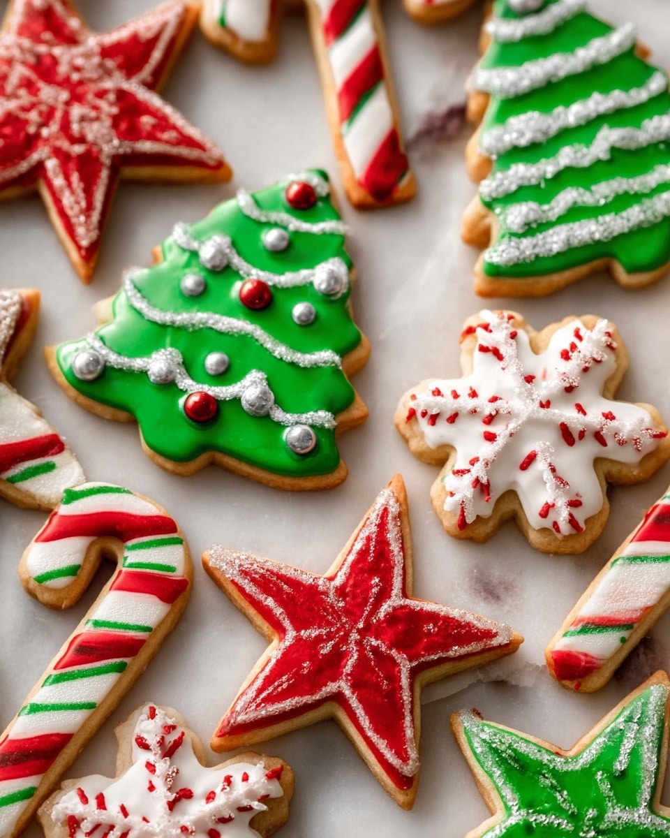 A close-up shot of assorted Christmas sugar cookies laid on a white marbled surface. The cookies include red and green stars with smooth icing layers and white zigzag lines with sugar crystals on top, white snowflakes decorated with green or red icing forming intricate patterns, green Christmas tree shapes with white icing garlands and red and silver dot decorations, and white candy cane shapes with red stripes. Each cookie has a golden-baked base with the icing layers adding vibrant colors and festive details photo taken with an iphone --ar 4:5 --v 7