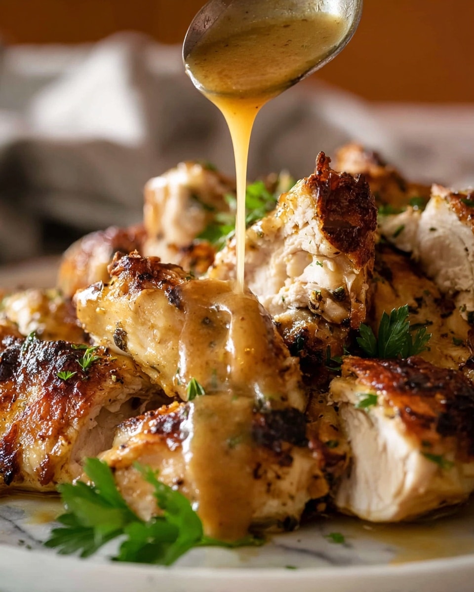 A close-up view of roasted chicken pieces arranged in layers, showing a crispy golden-brown skin on the top layer with some white, juicy meat visible beneath. Fresh green parsley leaves are scattered on top as garnish. A silver spoon held by a woman's hand is pouring a smooth, light brown gravy over the chicken, creating a glossy coating. The chicken rests on a white marbled surface. The background is blurred with warm, cozy tones. Photo taken with an iphone --ar 4:5 --v 7