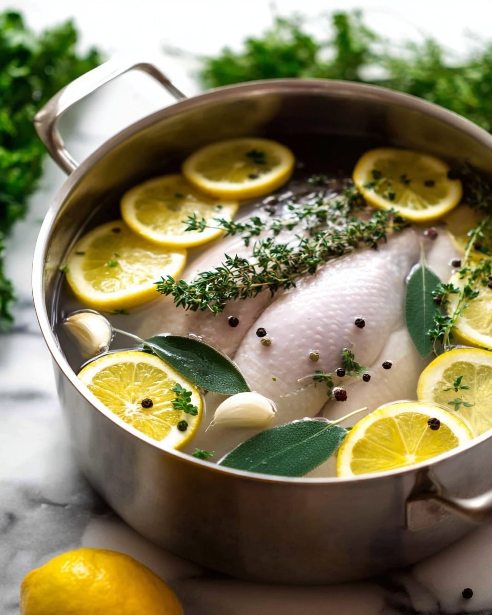 A large whole chicken is submerged in clear water inside a shiny stainless steel pot placed on a white marbled surface. The chicken is surrounded by several bright yellow lemon halves floating on top, dark green bay leaves, fresh green parsley sprigs, and light green thyme stems. There are whole black peppercorns scattered around the chicken, and a few peeled garlic cloves resting near the side. The water’s surface has a fresh, clean look with herbs and spices gently resting on and around the chicken. Photo taken with an iphone --ar 4:5 --v 7