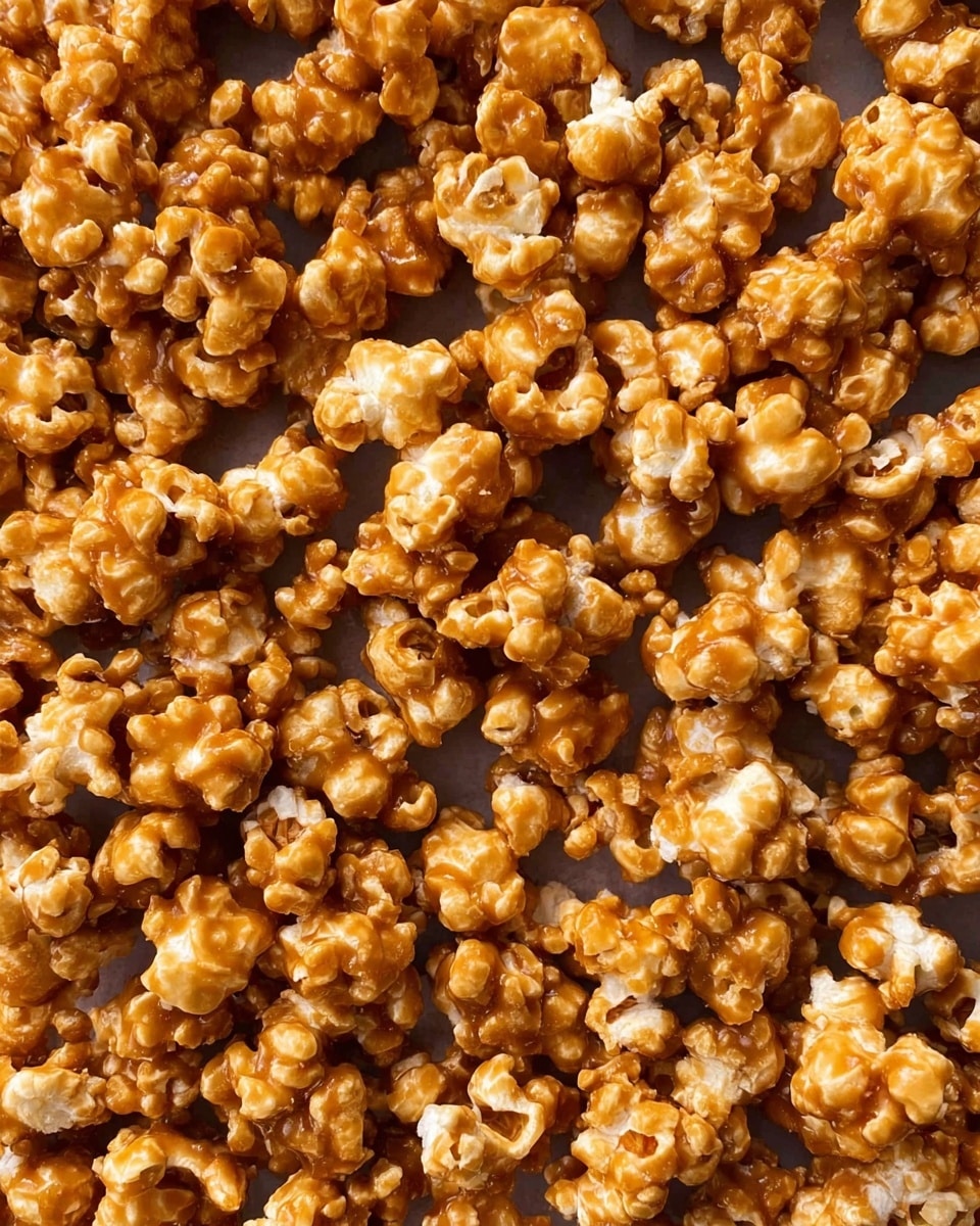 A close-up view of caramel popcorn showing many pieces spread out evenly across a grey surface, each popcorn piece covered in shiny, golden caramel with a slightly uneven texture, the popcorn visible underneath with white and light brown shades peeking through the caramel coating photo taken with an iphone --ar 4:5 --v 7