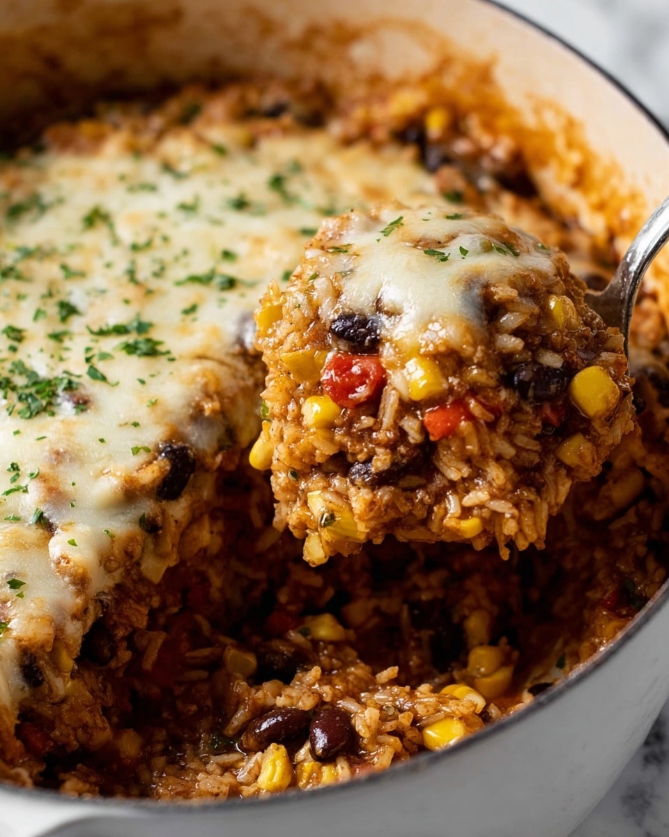 The image shows a close-up of a layered rice dish inside a round white pot. The bottom layer is a mix of brownish cooked rice combined with black beans, yellow corn kernels, and small red pepper pieces, creating a colorful and textured base. On top, there is a layer of melted white cheese sprinkled with green herbs, mostly covering the rice mixture but partially scooped out with a spoon, revealing the vibrant mixture beneath. The melted cheese looks creamy and slightly golden with herbs adding a touch of freshness. The overall look is warm and hearty. photo taken with an iphone --ar 4:5 --v 7