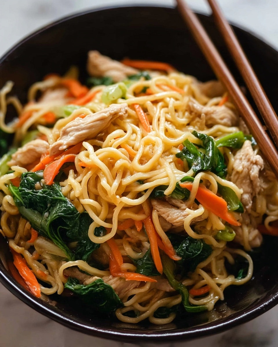 A close-up photo of a bowl filled with three layers of stir-fried noodles. The bottom layer is light, curly noodles with a glossy texture. The middle layer consists of thin strips of bright orange carrots and light green cabbage mixed with green leafy vegetables. The top layer shows tender, light brown pieces of cooked chicken scattered throughout. The noodles are in a dark bowl with a pair of brown chopsticks resting at the bottom. The background is a white marbled texture. photo taken with an iphone --ar 4:5 --v 7
