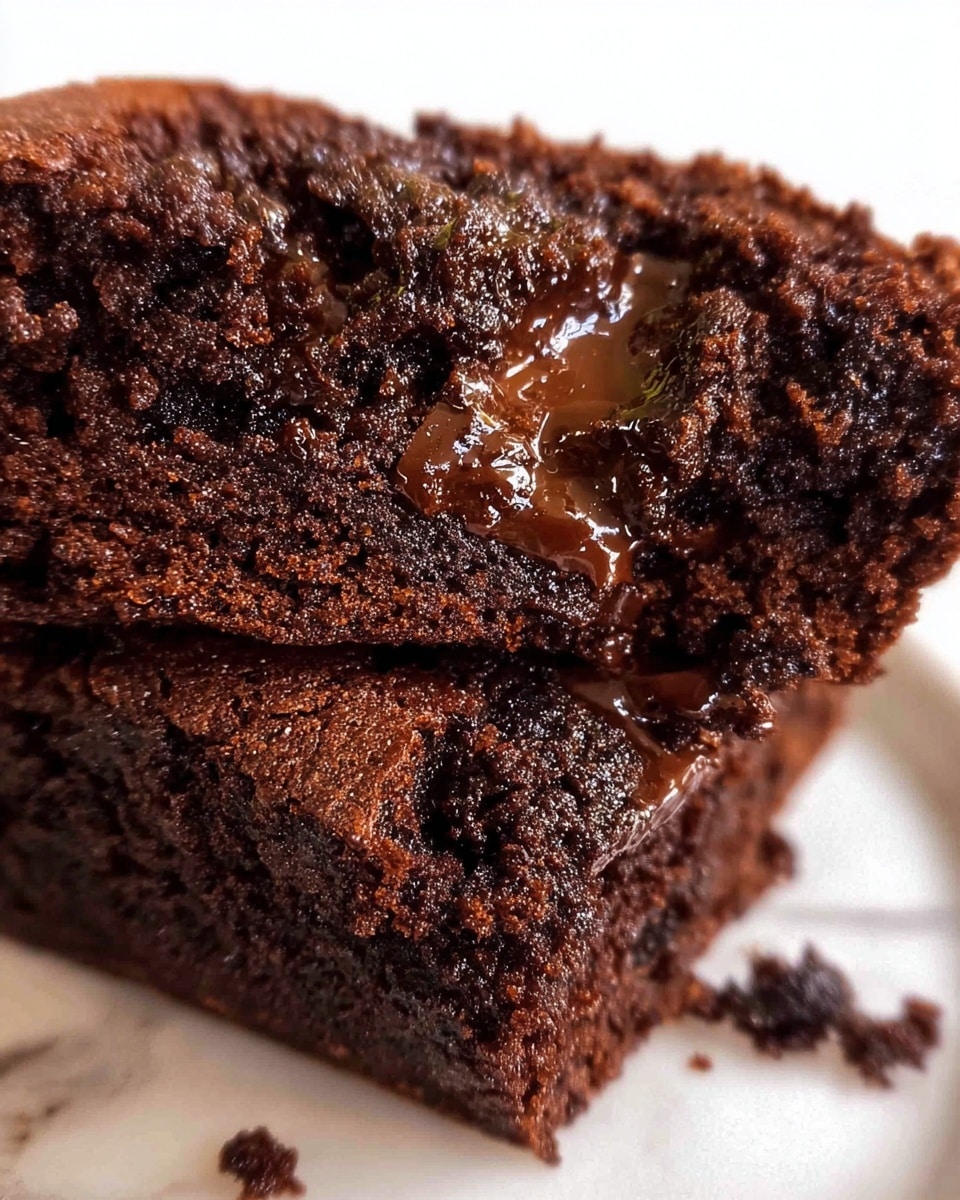 A close-up view of two slices of rich chocolate cake stacked, showing a dark brown, moist, and crumbly texture with melted, glossy chocolate pieces oozing through the center layer, giving a shiny and creamy contrast against the dark cake; the edges are rough and crumbly with some crumbs scattered around the white marbled surface beneath. photo taken with an iphone --ar 4:5 --v 7