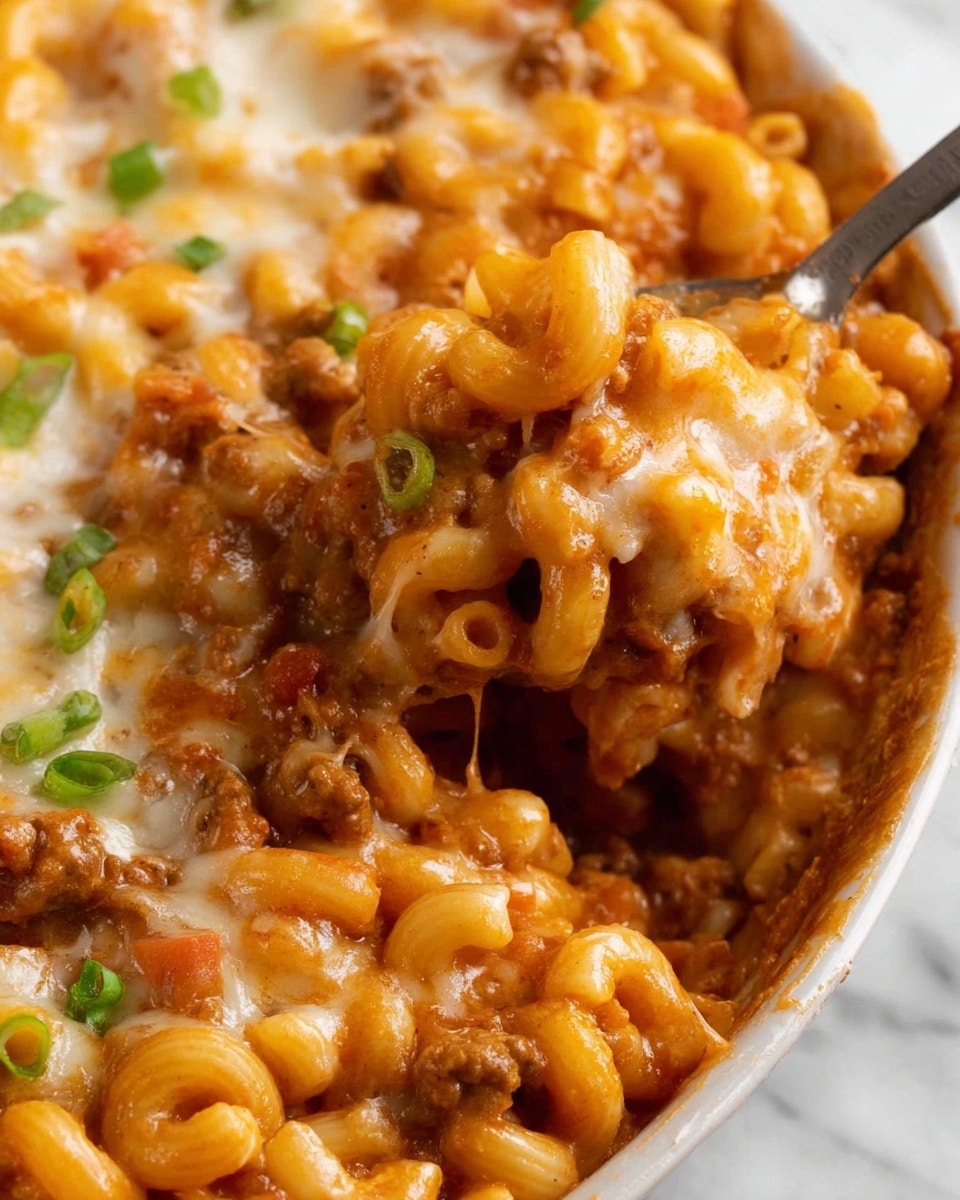 The image shows a close-up of a creamy pasta dish with elbow macaroni mixed in a thick, orange-colored tomato and meat sauce. The top layer is melted white cheese that looks soft and stringy, with bits of green chopped scallions sprinkled over it. The pasta appears smooth and tender with a rich texture, and small chunks of meat and diced vegetables are visible throughout. A spoon is scooping some of the pasta from a white bowl set on a white marbled surface. photo taken with an iphone --ar 4:5 --v 7