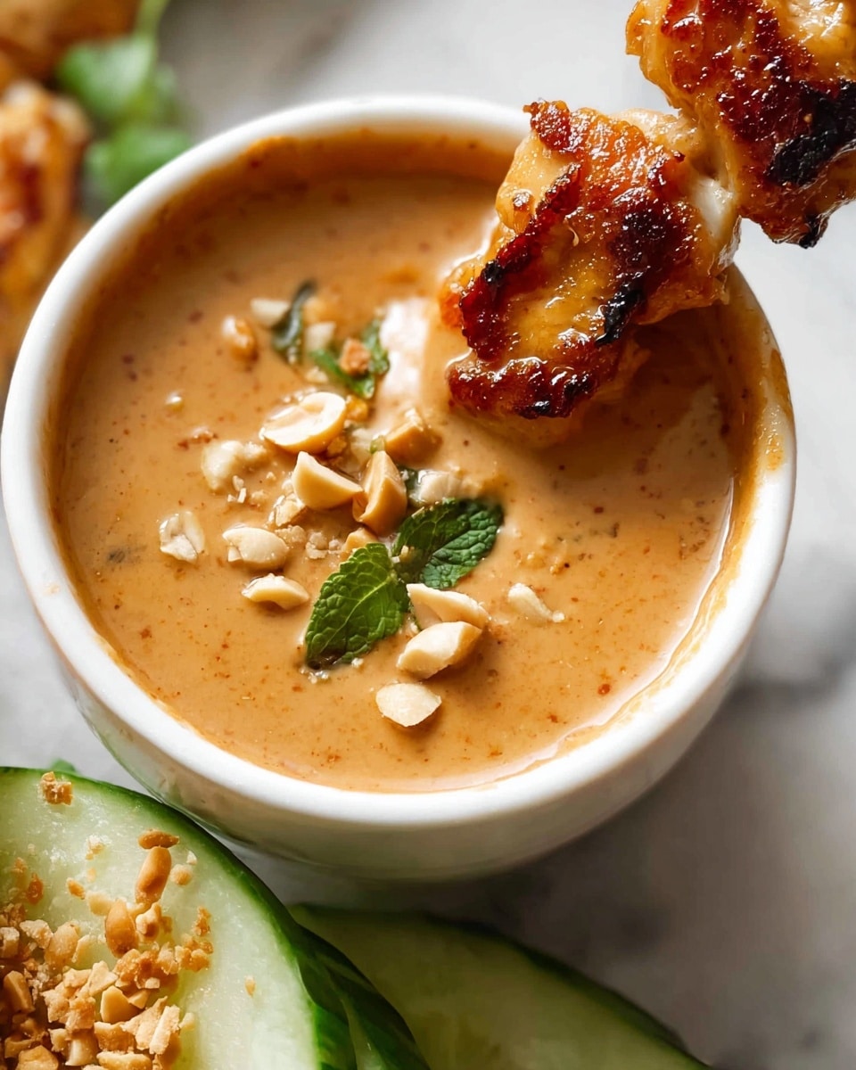A close-up view shows a skewer with multiple pieces of golden brown grilled chicken dipped into a smooth, creamy orange-colored peanut sauce inside a white ceramic cup. The sauce has small bits of crushed peanuts and a small green cilantro leaf floating on the surface. The cup sits on a white marbled textured surface with slices of cucumber and some green herbs around. Photo taken with an iphone --ar 4:5 --v 7