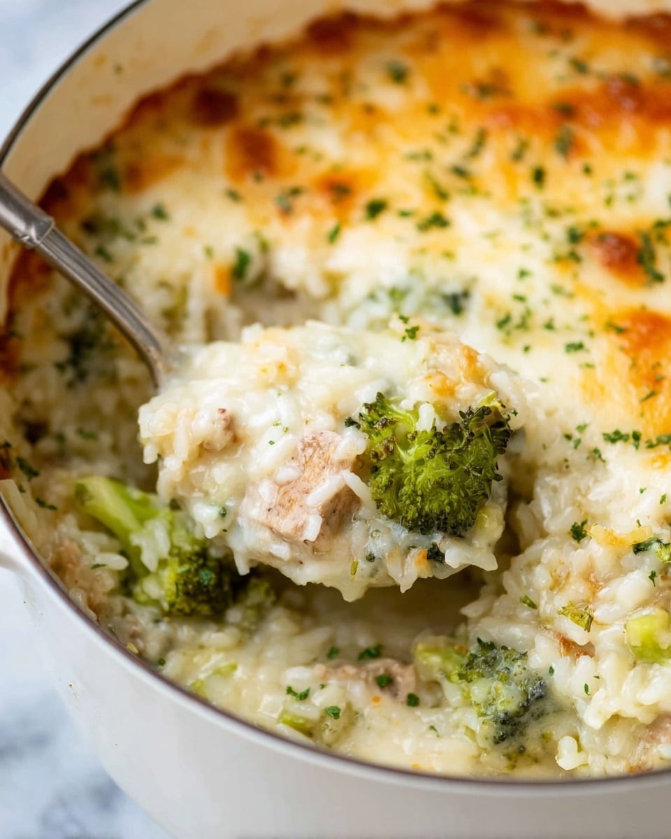 A close-up of a creamy baked dish with about three visible layers: the bottom layer has soft white rice mixed with small pieces of light brown chicken, the middle layer has green broccoli florets with a slightly firm texture, and the top layer is a smooth, melted white cheese sauce with some golden browned spots and small green herb bits sprinkled over it. A metal spoon is scooping a portion on the right side, revealing the mix of rice, broccoli, and cheese. The dish is inside a round pan set on a white marbled surface. photo taken with an iphone --ar 4:5 --v 7