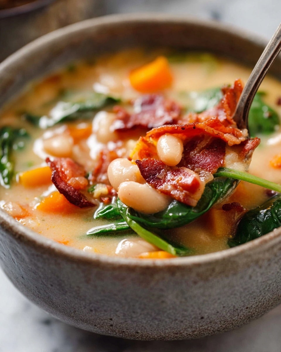 A close-up view of a bowl filled with creamy soup showing several layers: the top layer has crispy, reddish-brown bacon pieces, bright orange carrot cubes, and fresh green spinach leaves; below this is a smooth, light beige broth with chunks of white beans and soft pieces of pale, cooked chicken. A shiny silver spoon is lifting some of the soup, highlighting the mix of vegetables, meat, and broth in the white bowl resting on a white marbled surface. Photo taken with an iphone --ar 4:5 --v 7