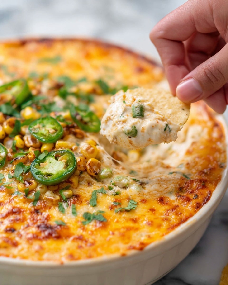 A close-up view of a creamy dip in a round white bowl with three visible layers: the top layer is melted cheese with a light golden brown texture, dotted with chopped green jalapeño slices and roasted corn kernels giving a crunchy look, the middle layer looks smooth and creamy white with hints of green herbs and small pieces of yellow corn, the bottom layer slightly visible appears to be a soft creamy mix. A woman's hand is holding a round tortilla chip dipped in the creamy white middle layer, with some cheese and bits of corn sticking to the chip. The bowl sits on a white marbled textured surface. photo taken with an iphone --ar 4:5 --v 7
