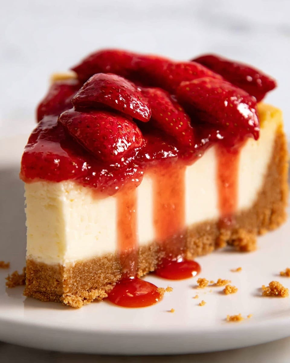 The image shows a close-up of a slice of cheesecake with three clear layers: a crumbly golden brown crust at the bottom, a thick creamy pale yellow middle layer, and a shiny bright red strawberry topping with pieces of whole strawberries and a glossy sauce dripping down the sides. The cheesecake sits on a white plate with some crumbs scattered around, and the background is a white marbled texture. photo taken with an iphone --ar 4:5 --v 7