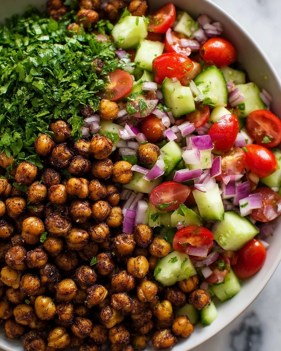 A close-up shot of a white bowl filled with three main layers: on the left, finely chopped bright green parsley; in the middle, dark brown roasted chickpeas with a slightly crispy texture; and on the right, a colorful salad made of small diced green cucumber, red cherry tomatoes cut in halves and quarters, and purple onion pieces, all mixed with green herbs. The bowl is placed on a white marbled surface. photo taken with an iphone --ar 4:5 --v 7
