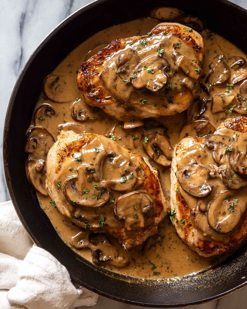 A close-up view of three pieces of golden-brown cooked chicken breasts in a black skillet, each topped with a rich light brown mushroom sauce that has visible slices of cooked mushrooms and specks of green herbs and black pepper. The sauce pools around the chicken, showing a smooth texture with some shine. The skillet rests on a white marbled textured surface with a white cloth slightly visible in the top right corner. photo taken with an iphone --ar 4:5 --v 7