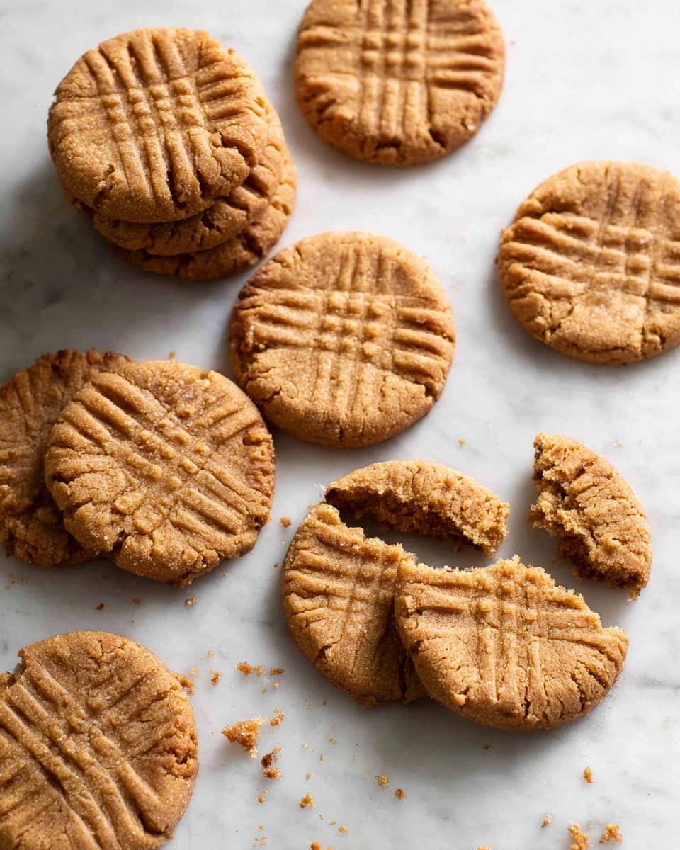 A group of golden brown peanut butter cookies lay scattered on a white marbled surface, each cookie showing a crisscross fork pattern on top. The cookies have a slightly cracked texture with rough edges, some stacked gently on others, and one cookie is broken in half with crumbs nearby. The lighting is bright, highlighting the warm tones and soft texture of the cookies. photo taken with an iphone --ar 4:5 --v 7