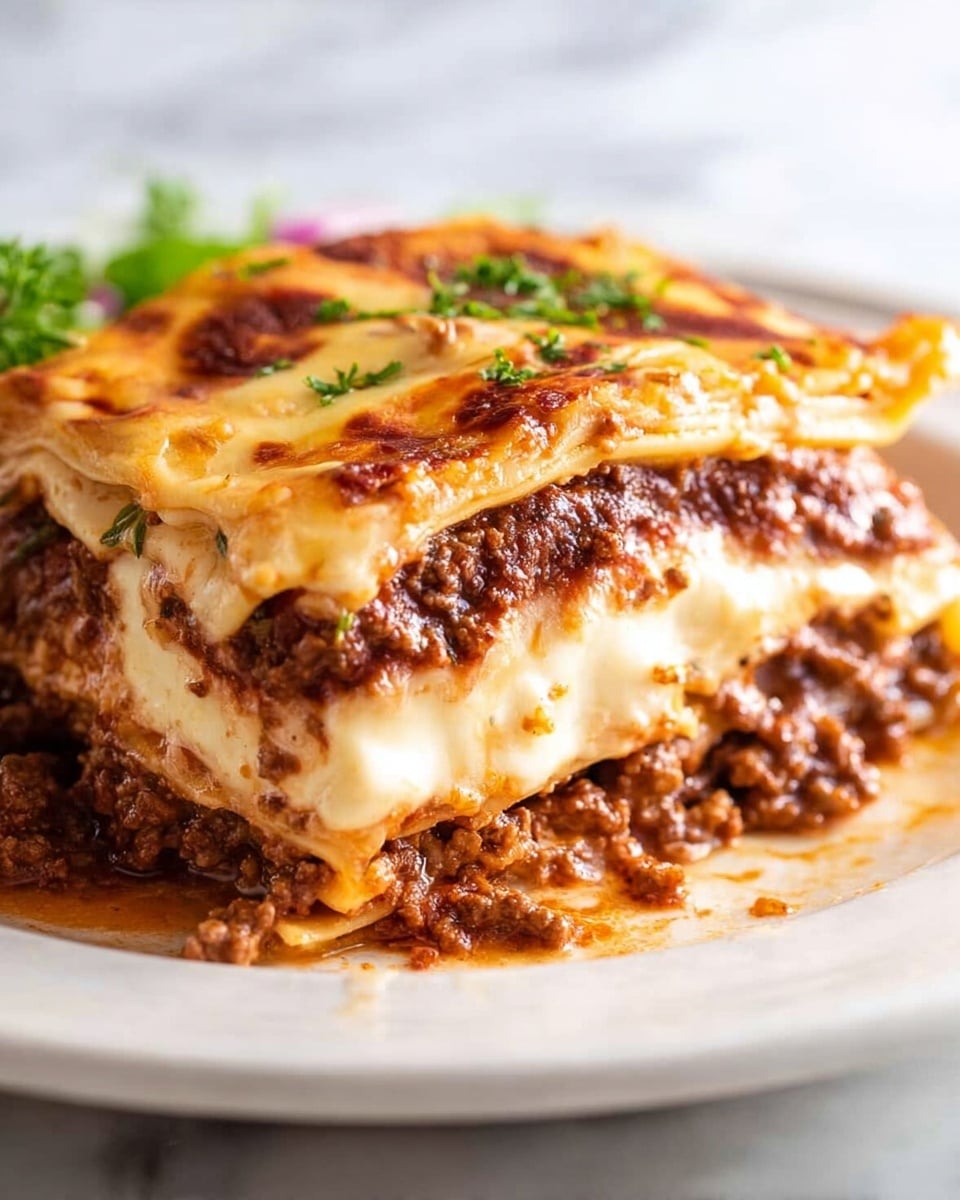 A close-up image of a piece of lasagna with four visible layers: the bottom layer is a rich, chunky brown meat sauce with bits of vegetables; above it, a thin flat pasta layer in pale beige; next is a white creamy cheese layer with melted golden spots on top; and a few fresh green herbs are sprinkled on top. The lasagna rests on a white plate placed on a white marbled surface, with some greens blurred in the background. Photo taken with an iphone --ar 4:5 --v 7