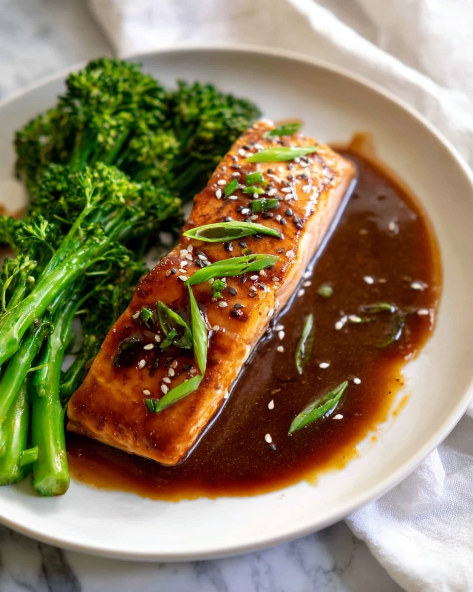 A single piece of glazed salmon with a shiny, dark brown sauce covers the top and sides, with light charring marks adding texture. The salmon is lightly sprinkled with white sesame seeds and small chopped green herbs, placed on the right side of a white round plate. On the left side, bright green steamed broccolini with thin stems and floret clusters adds contrast. A pool of dark brown sauce spreads beneath the salmon and slightly around the broccolini. The plate sits on a white marbled surface with a soft cloth partly visible in the background. photo taken with an iphone --ar 4:5 --v 7