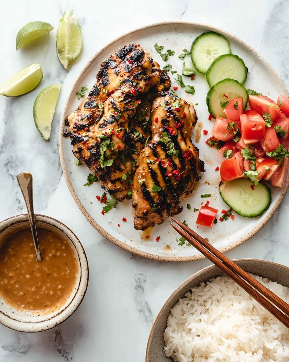 The image shows three grilled chicken pieces with charred grill marks and a golden-brown color placed on a white flat dish. The chicken is sprinkled with finely chopped green herbs and red chili flakes. To the right of the chicken, there is a small side of sliced cucumbers and red tomato wedges. Around the plate, there are three lime wedges with a bright green outer skin and light yellow inner flesh resting on a white marbled surface. Below the chicken plate, there is a small round bowl of peanut dipping sauce with crushed peanuts on top and a spoon inside. Next to the sauce, there is a bowl of cooked rice with light brown grains, topped with a pair of wooden chopsticks. Photo taken with an iphone --ar 4:5 --v 7