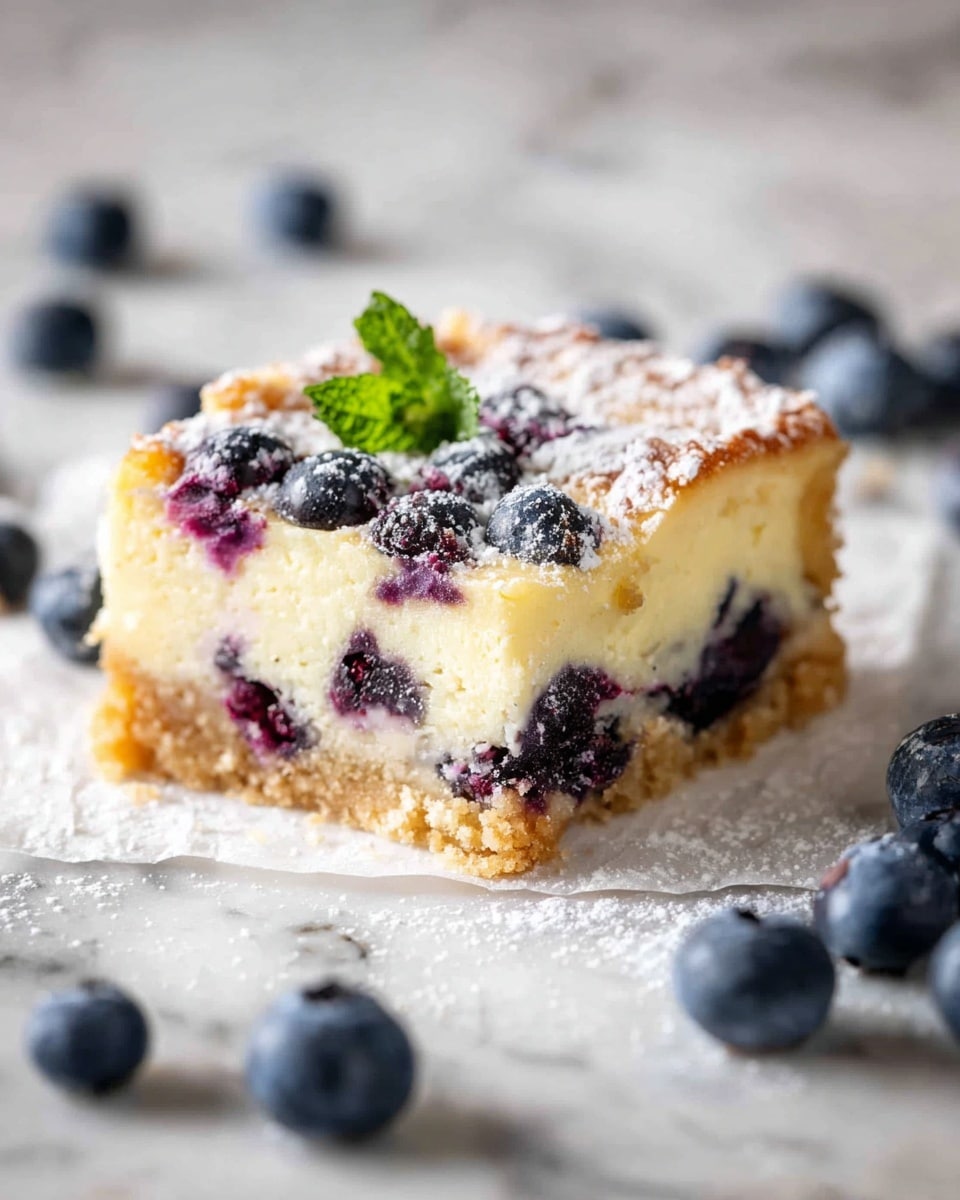 A square piece of blueberry cheesecake bar sits on white parchment paper, placed on a white marbled surface. It has three clear layers: a thick light brown crumbly base at the bottom, a thick creamy pale yellow cheesecake middle filled with whole dark purple blueberries, and a thin top layer dusted with white powdered sugar and topped with a small green mint leaf. Several scattered blueberries lie around the cheesecake piece in soft focus, adding depth to the image. photo taken with an iphone --ar 4:5 --v 7