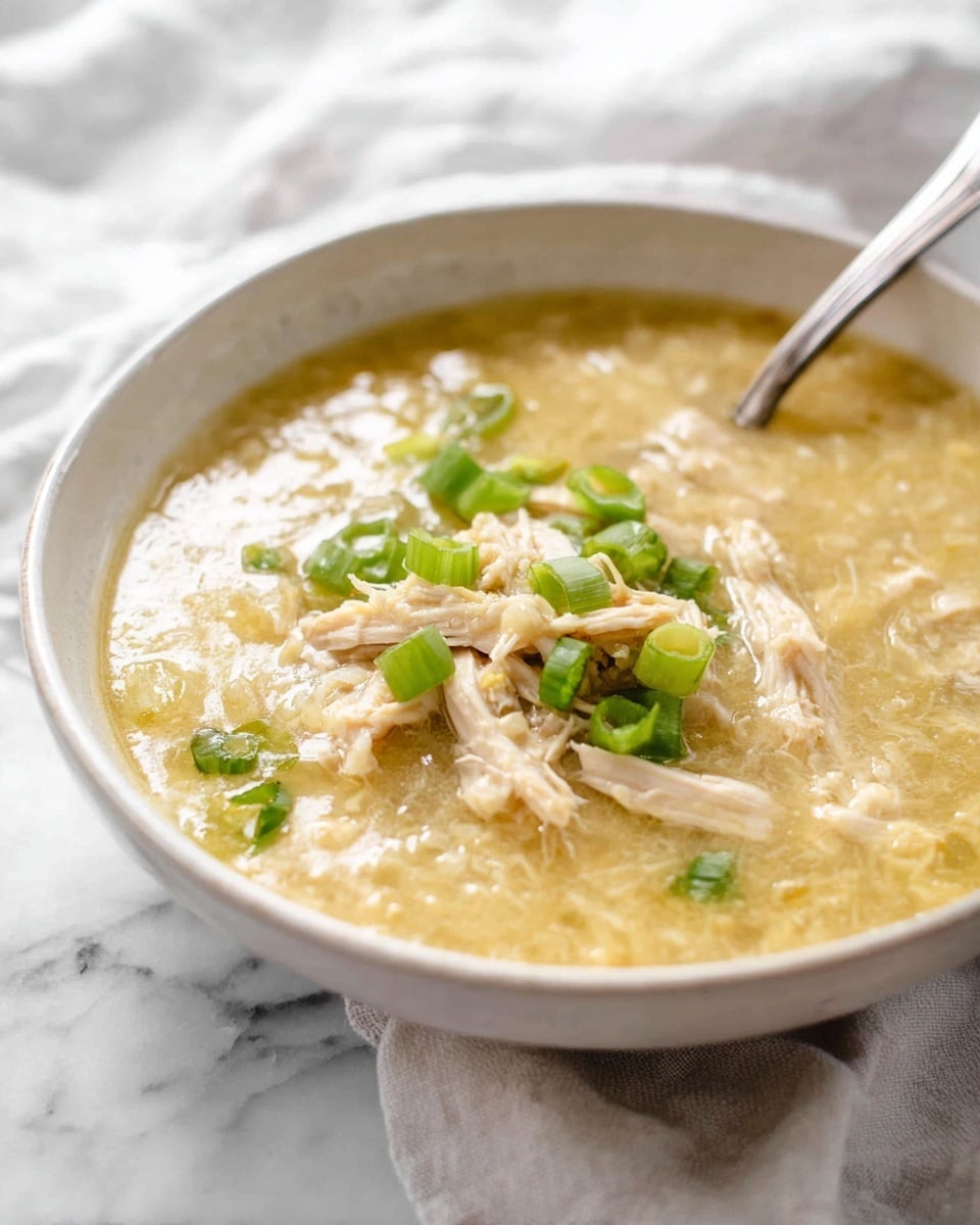 The image shows a bowl of thick chicken soup with shredded light brown chicken pieces floating on top of a pale yellow broth with a slightly grainy texture. Bright green chopped scallions are sprinkled over the soup, adding fresh color contrast. A silver spoon rests inside the soup on the right side of the bowl. The bowl is white and sits on a surface with a white marbled texture. The photo is bright and soft with a cozy feeling. photo taken with an iphone --ar 4:5 --v 7