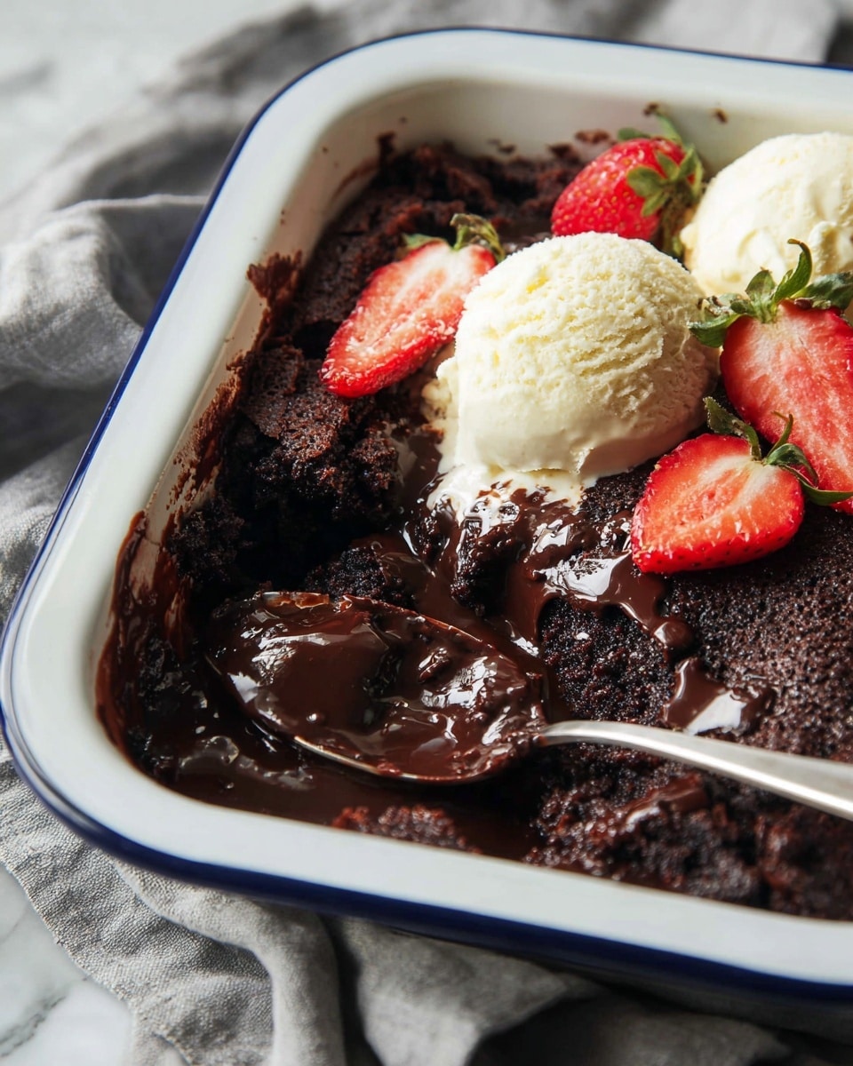 A white baking dish holds a rich, dark brown chocolate cake with a moist and gooey center, showing a shiny, thick layer of melted chocolate on top with small chunks of chocolate embedded inside. The cake's surface has a rough, crumbly texture while some fresh red strawberries with green tops are placed on the cake and beside two creamy off-white scoops of vanilla ice cream, which are slightly melting and topped with sliced strawberries. A silver spoon is partially dipped into the gooey chocolate center. The dish sits on a soft gray cloth over a white marbled surface. photo taken with an iphone --ar 4:5 --v 7