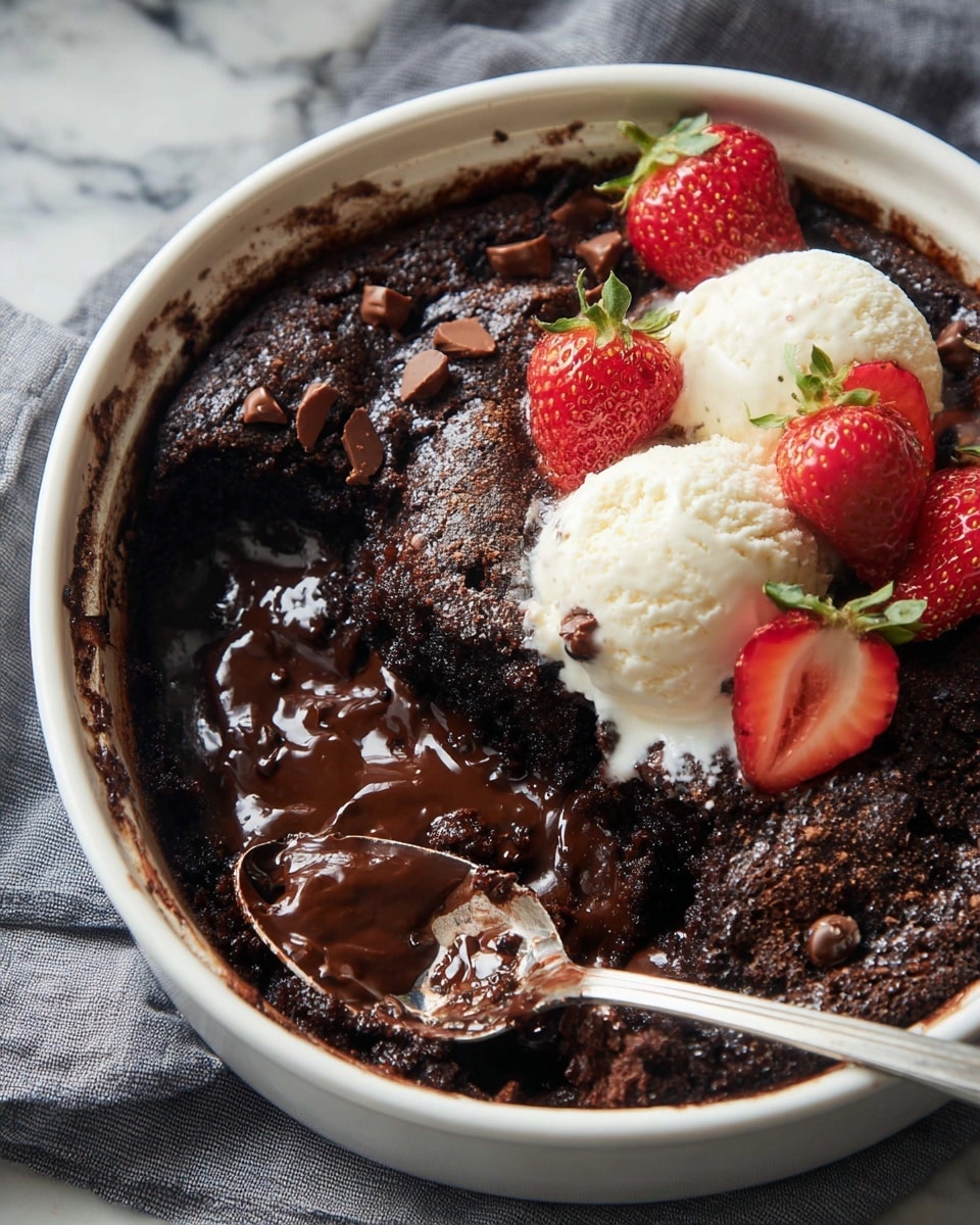 A close-up image of a baked chocolate dessert in a white enamel baking dish with blue trim, showing a thick layer of gooey dark chocolate sauce with a rich shiny texture that is partially scooped out with a silver spoon, revealing a dense, moist chocolate cake layer underneath. On the right side of the dish, there are two scoops of smooth, creamy pale yellow vanilla ice cream sitting on top of the cake, garnished with fresh, bright red strawberries both whole and sliced, with green leaves still on some. The dish is placed on a soft, wrinkled grey cloth on a white marbled surface. Photo taken with an iphone --ar 4:5 --v 7