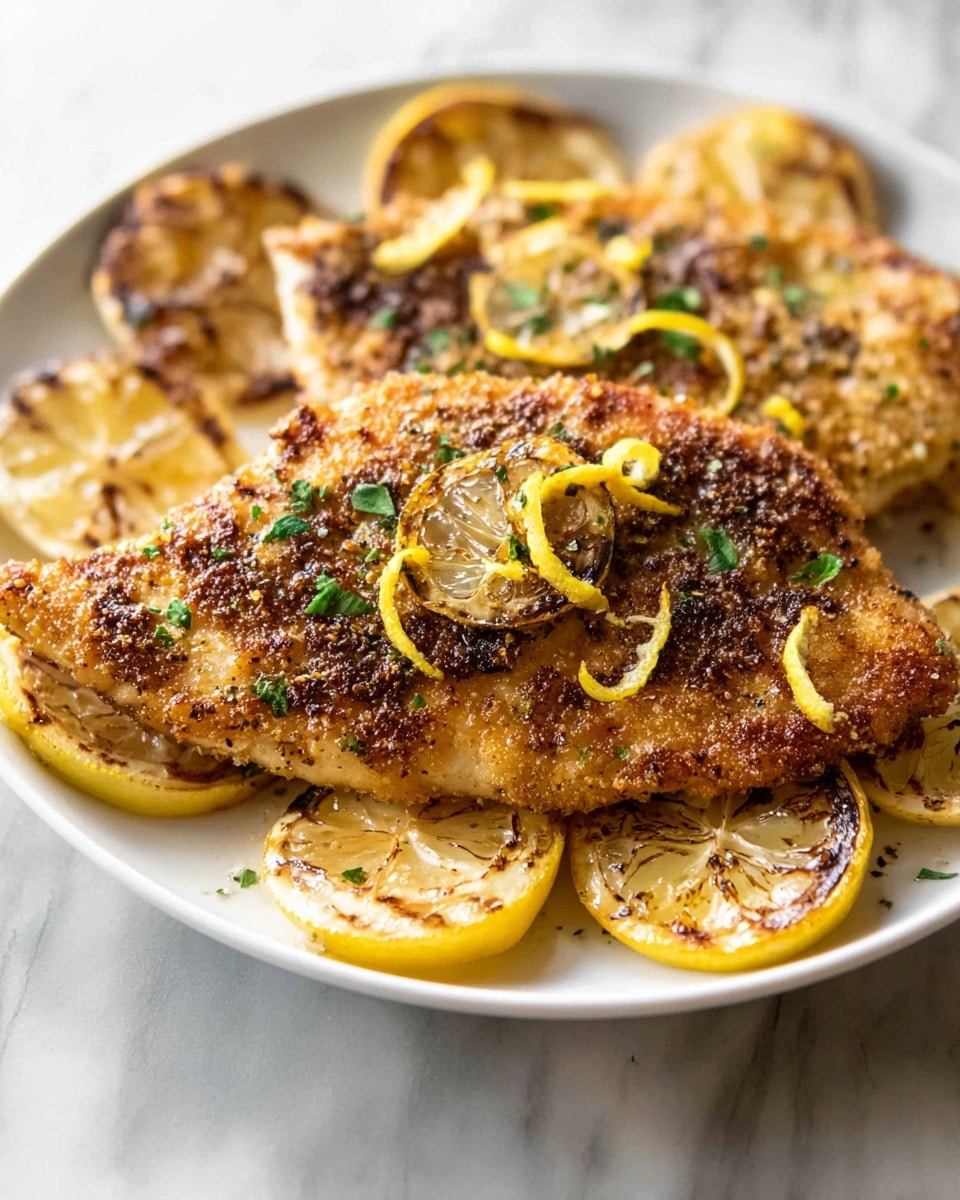 The image shows a close-up view of a crispy, golden-brown breaded cutlet, seasoned with black pepper and garnished with thin, curly lemon zest and small green herb pieces. The cutlet rests on a white plate with grilled lemon halves placed around it, showing caramelized brown grill marks. The surface beneath the plate has a white marbled texture, and blurred lemons are visible in the background. The lighting highlights the texture and color contrasts in the dish. Photo taken with an iphone --ar 4:5 --v 7