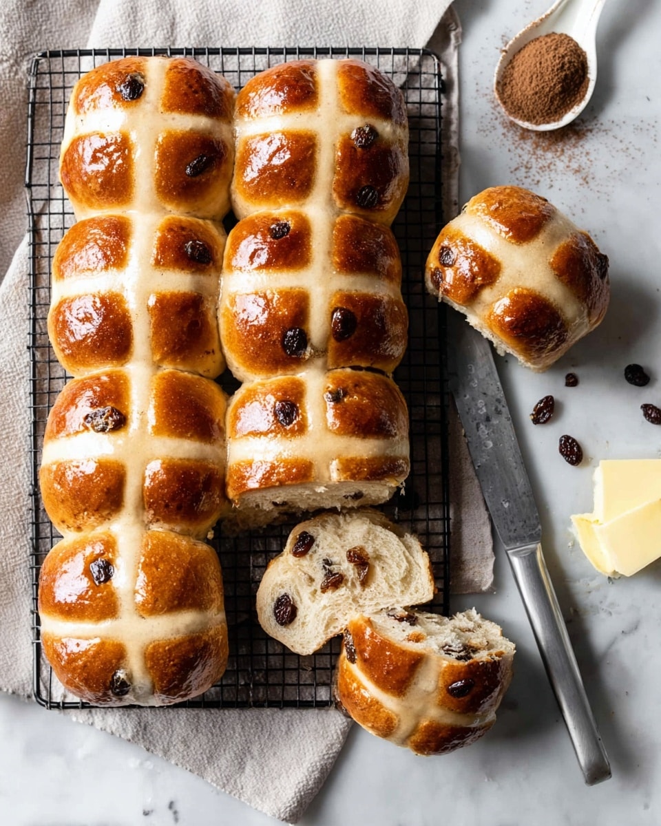 The image shows a white marbled surface with a black cooling rack holding eight golden brown hot cross buns uniformly placed in two rows, each bun topped with a white cross made of icing. One bun is cut open and placed beside the rack, revealing a soft, light brown inside filled with small dark spots of raisins. There is a generous pat of melting butter on the cut bun and a butter knife with some butter on the blade rests nearby. In the top left corner, there is a tarnished silver vintage spoon filled with brown cinnamon powder, next to a few scattered golden raisins. The scene is bright and has a fresh homemade feel. photo taken with an iphone --ar 4:5 --v 7