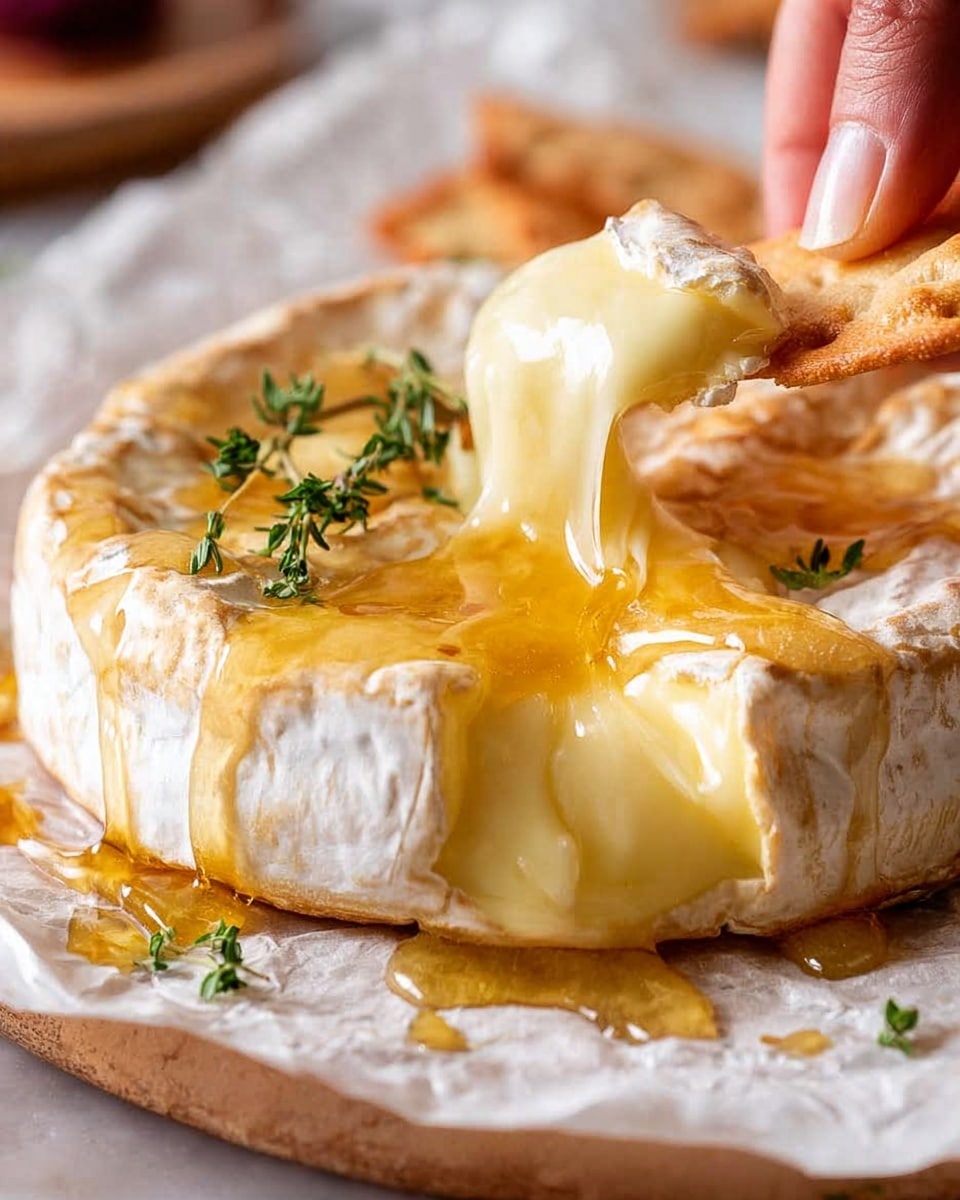 The image shows a wheel of soft cheese with a white rind sitting on white parchment paper. The wheel has a smooth, creamy, melted inside with a warm yellow color flowing out as a woman's hand dips a piece of light brown cracker into it. A small green herb sprig is placed on top of the cheese, and the background has blurred round shapes in red and beige tones, all set on a white marbled surface. photo taken with an iphone --ar 4:5 --v 7