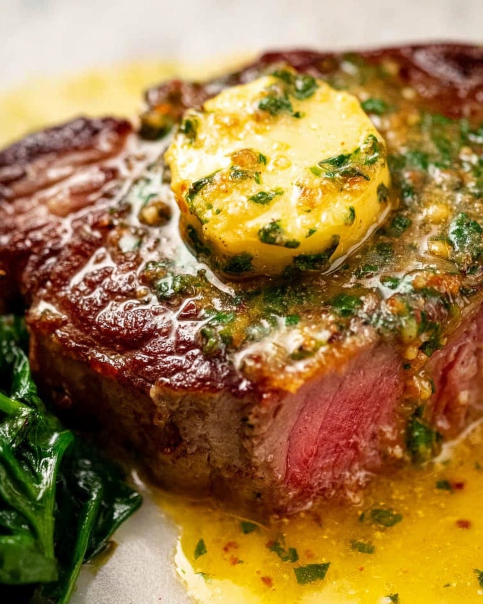 The image shows a close-up of a thick, juicy steak cooked medium rare with a pink center and a seared brown crust. On top of the steak, there is a round pat of yellow herb butter melting and mixing with the steak juices, creating a glossy texture. Below the steak, there are some bright green cooked greens that add color contrast. The steak is surrounded by a golden, buttery sauce that looks rich and flavorful. The entire dish is placed on a white plate with a white marbled surface in the background. photo taken with an iphone --ar 4:5 --v 7