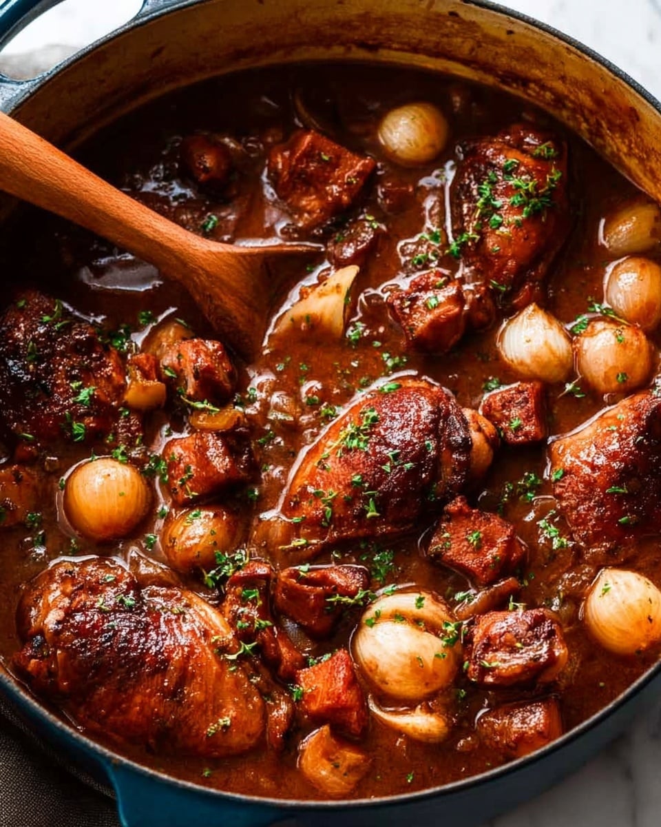 A close-up view of a stew in a blue pot, showing several browned chicken pieces, whole peeled onions with a light golden color, and small golden-brown cubes of meat or bacon scattered throughout. The dish is covered in a thick, glossy dark brown sauce that looks rich and creamy. There are also sliced brown mushrooms mixed in, along with a few sprinkles of finely chopped green herbs for color. A wooden spoon rests on the edge of the pot, partially under one chicken piece. The pot sits on a white marbled surface. photo taken with an iphone --ar 4:5 --v 7