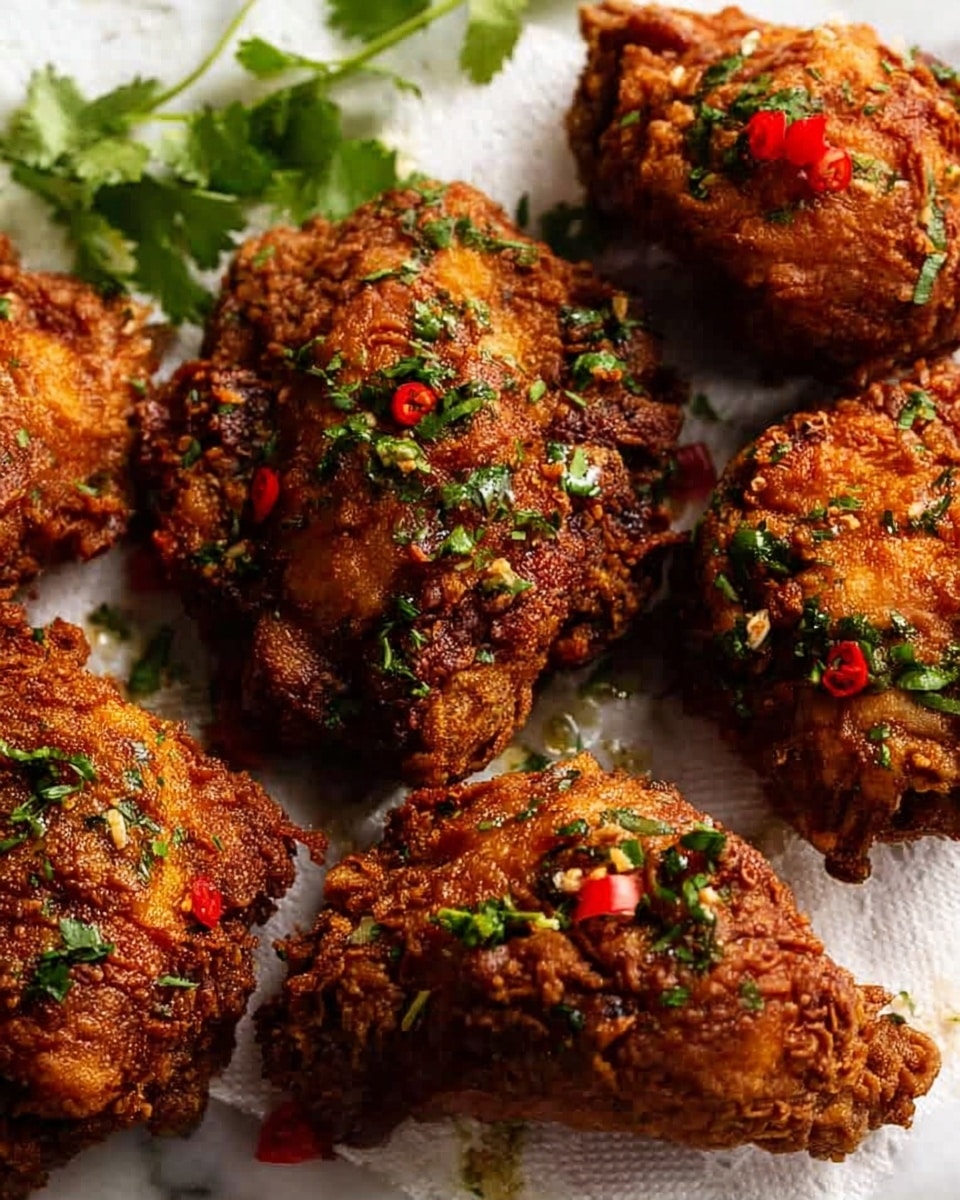 The image shows a close-up of five pieces of deep-fried chicken with a dark golden brown crispy texture. The chicken pieces are irregular in shape and topped with finely chopped green herbs, small bits of garlic, and thin slices of red chili peppers, adding pops of green and red color on the surface. Bright green cilantro leaves are placed on the side for garnish. The chicken sits on a white marbled surface, with small scattered herbs and red chili bits around the pieces. The overall look is crunchy and flavorful. photo taken with an iphone --ar 4:5 --v 7