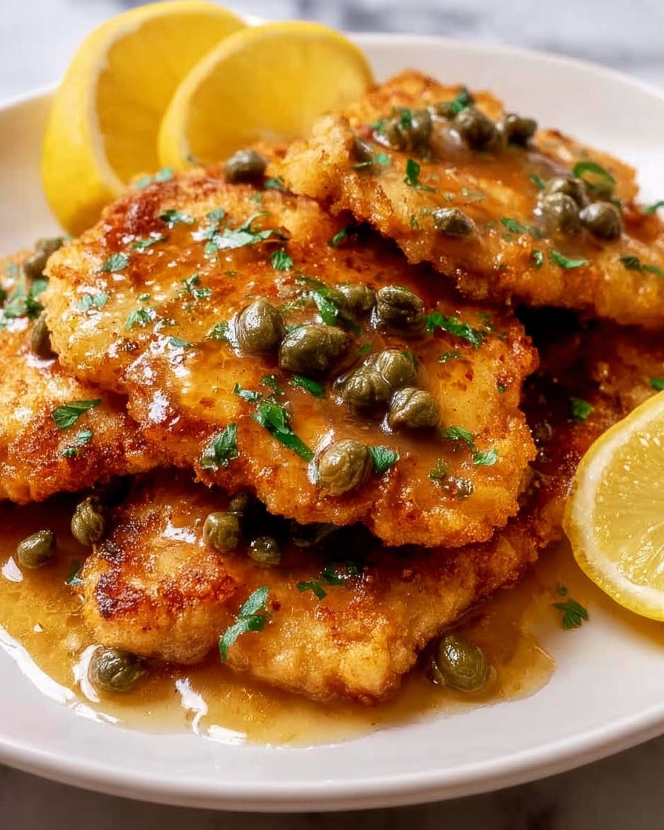 The image shows several golden-brown, crispy fried chicken cutlets stacked slightly overlapping on a white plate with a glossy light brown sauce poured over them. The sauce has small green capers scattered on top, with finely chopped green herbs sprinkled evenly over the cutlets. On the right side of the plate, there are thin slices of bright yellow lemon resting partially on the chicken. The plate is set on a white marbled surface that blends softly into the background. photo taken with an iphone --ar 4:5 --v 7