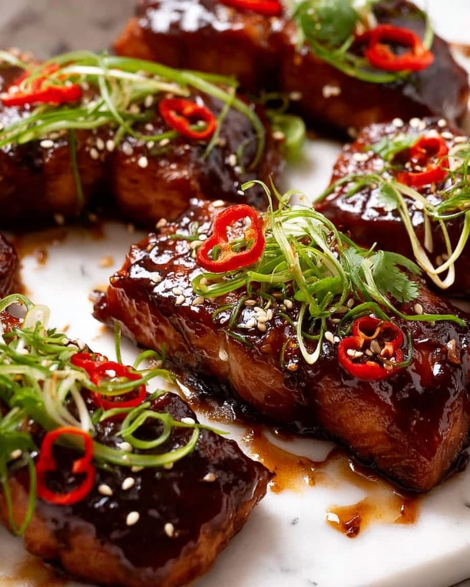 The image shows a close-up of three pieces of grilled salmon, each coated in a shiny, dark brown glaze. The salmon has a rich, slightly charred texture. On top of each piece, there are thin slices of bright red chili peppers and long, curled green onion strips. Small white sesame seeds are scattered over the salmon, adding texture contrast. The pieces rest directly on a white marbled surface with some sauce drizzled around them, giving a fresh and appetizing look. photo taken with an iphone --ar 4:5 --v 7