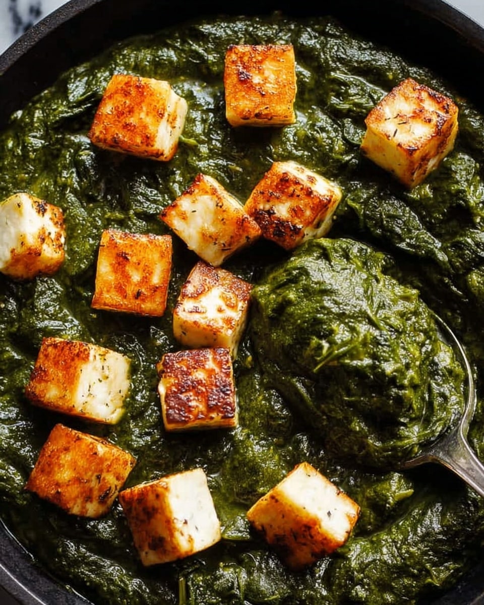 The image shows a close-up of a dish with about two layers: the bottom layer is a thick, dark green spinach mixture with a coarse texture, spread evenly in a pan, while the top layer consists of golden-brown, small cubes of paneer cheese scattered across the spinach. The paneer cubes have a slightly crispy surface with light brown spots and smooth white edges. A metal spoon is partially visible on the right side, resting on the spinach layer. The background is a white marbled texture. photo taken with an iphone --ar 4:5 --v 7
