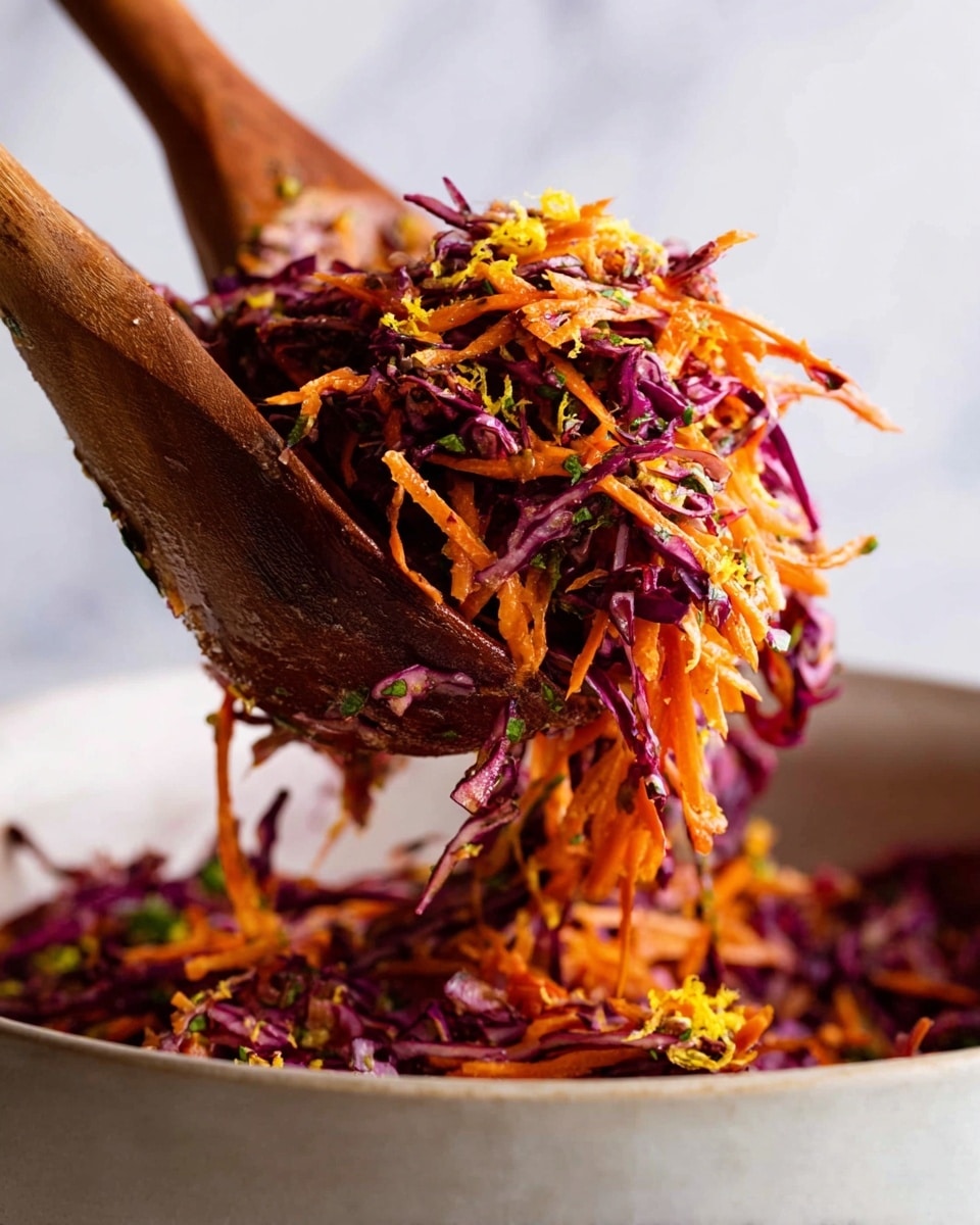 A close-up view of a mixing bowl filled with a colorful salad made of thinly shredded layers: deep purple cabbage, bright orange carrots, and small green herb pieces, all mixed with a crumbly yellow garnish. Two wooden spoons lift a portion of the salad above the bowl, showing the mix’s vibrant and slightly wet texture as it falls back. The bowl is white, sitting on a white marbled surface with soft natural light highlighting the fresh and crunchy ingredients. photo taken with an iphone --ar 4:5 --v 7