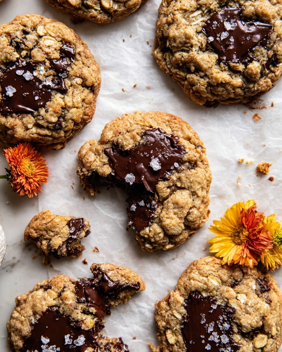 The image shows seven thick oatmeal chocolate chip cookies placed directly on a white marbled surface with some parchment paper underneath. Each cookie has a rough texture with visible oat flakes and large, melted dark chocolate chunks that are glossy and partly oozing out. The cookies are golden brown with slightly darker edges, and a few have flaky salt sprinkled on top. Small yellow and orange flowers are arranged on the surface near the cookies, adding color contrast. One cookie is broken in half with melted chocolate dripping down. The scene feels warm and fresh, suggesting the cookies are just baked. Photo taken with an iphone --ar 4:5 --v 7
