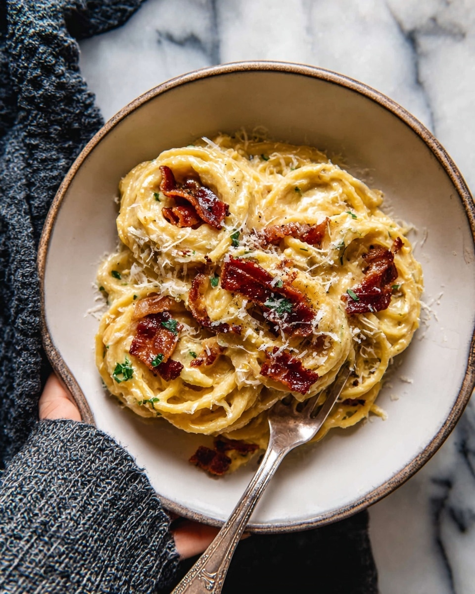 A close-up view of a bowl filled with spiral-shaped pasta coated in a thick, creamy yellow sauce. The pasta is topped with crispy, dark red-brown pieces of what looks like cooked bacon or pancetta, along with small green herb leaves scattered on top. Some white grated cheese is sprinkled lightly over the dish. A silver fork rests inside the bowl, and a woman's hand wearing a soft grey knitted sleeve holds the edge of the bowl. The bowl is white, and the background is a white marbled surface. Photo taken with an iphone --ar 4:5 --v 7
