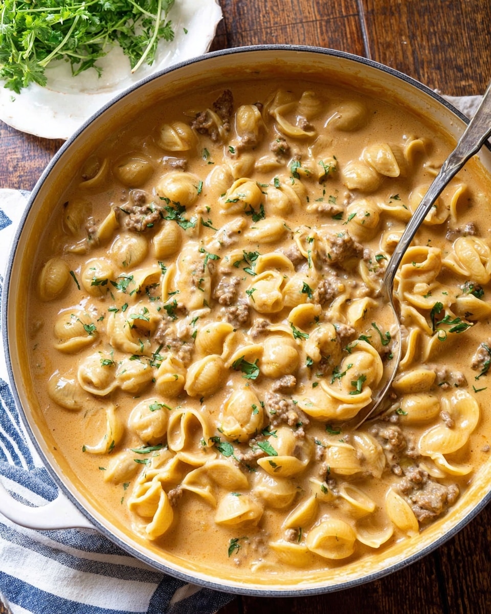 A large white pot filled with creamy pasta soup showing multiple layers: small shell pasta with a light yellow color and smooth texture throughout, mixed with browned ground meat pieces. The thick sauce is beige and creamy, coating all ingredients. Small green fresh herb leaves are scattered on top and a silver spoon rests on the right side inside the pot. The pot sits on a rough brown wooden table with a white and blue striped cloth partially visible underneath, and a small bouquet of herbs on a white plate in the background. photo taken with an iphone --ar 4:5 --v 7
