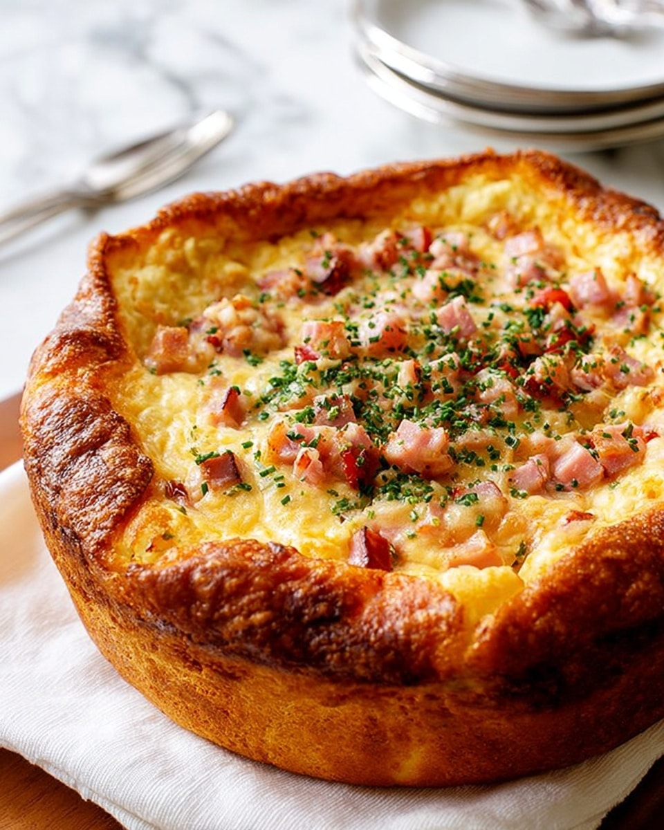 A tall, golden-brown baked dish with a thick puffed crust that is crispy and slightly uneven on the edges, surrounding a creamy, pale yellow inside layer dotted with small, pinkish cubes of ham and bits of melted cheese. Fresh green herbs are sprinkled on top, adding a pop of color. The dish sits on a white marbled surface with a soft, white cloth draped nearby. Photo taken with an iphone --ar 4:5 --v 7